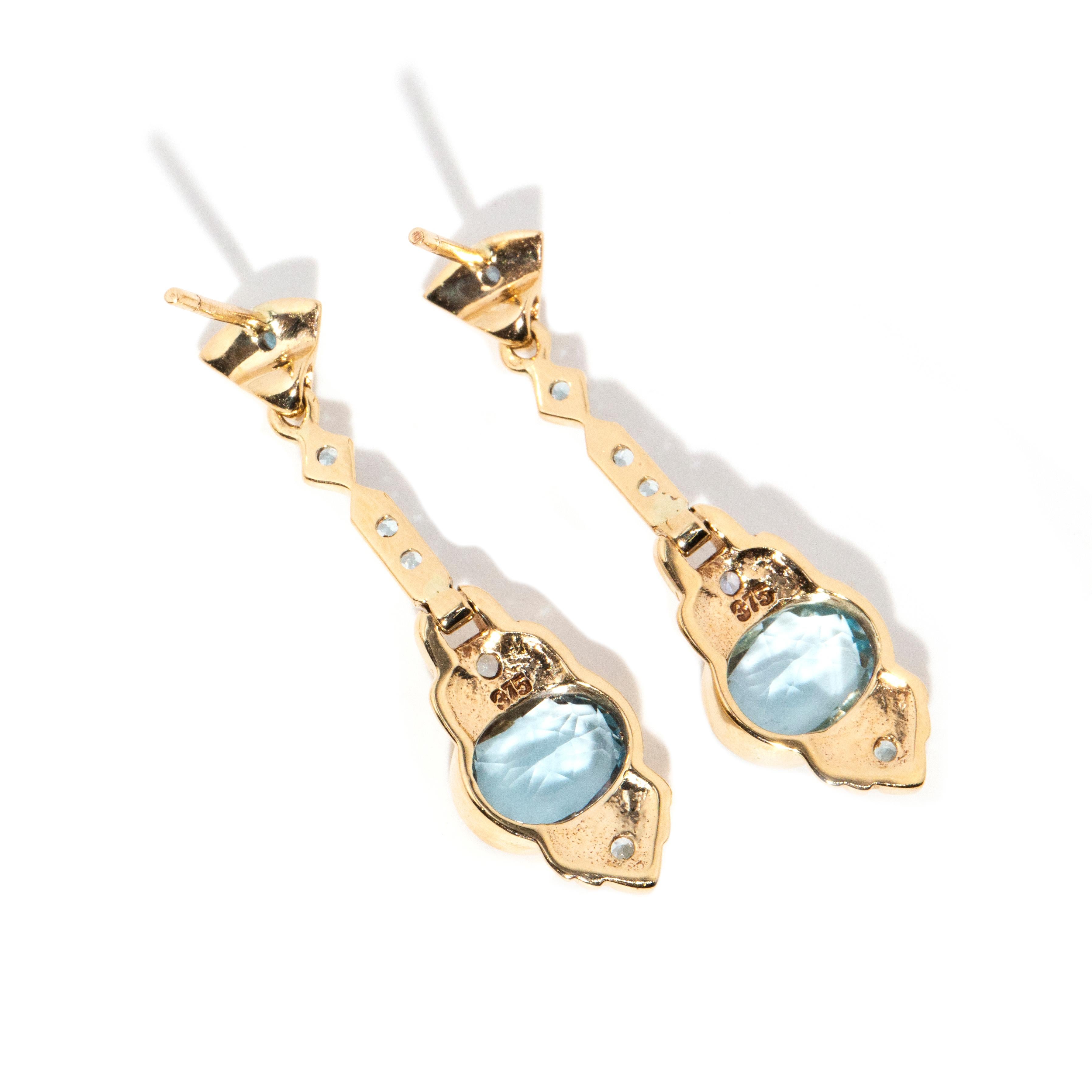 Vintage Inspired Bright Blue Topaz Art Deco Style Drop Earrings 9 Carat Gold 1