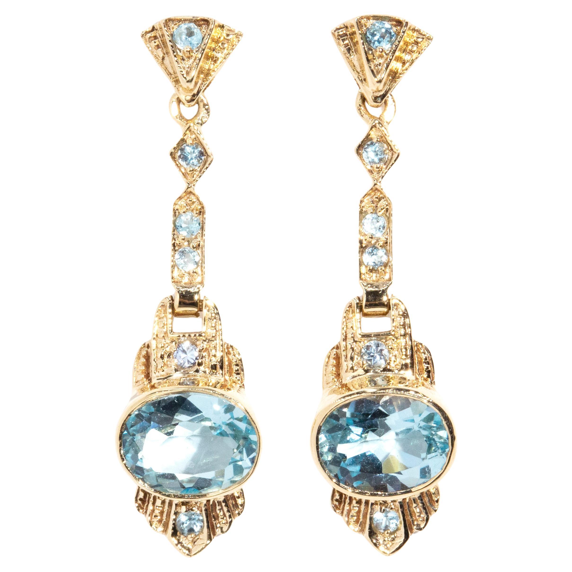 Vintage Inspired Bright Blue Topaz Art Deco Style Drop Earrings 9 Carat Gold For Sale