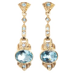 Boucles d'oreilles pendantes Art déco d'inspiration vintage en or 9 carats et topaze bleue brillante