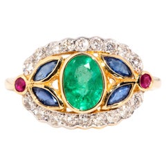 Vintage Inspired Bright Emerald Sapphire Ruby & Diamond Ring 9 Carat Yellow Gold