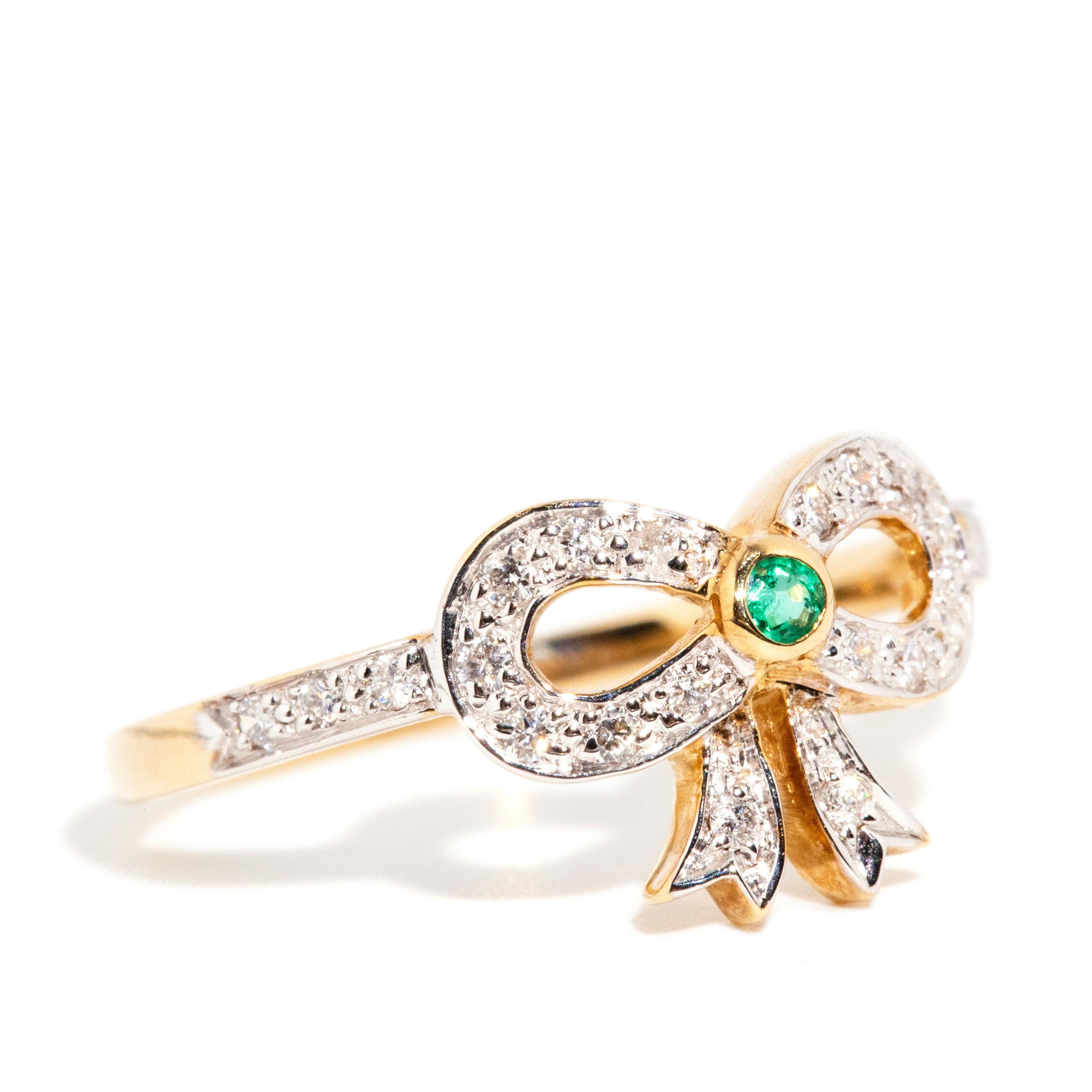 Contemporary Vintage Inspired Bright Green Emerald & Diamond Bow Ring 9 Carat Yellow Gold For Sale