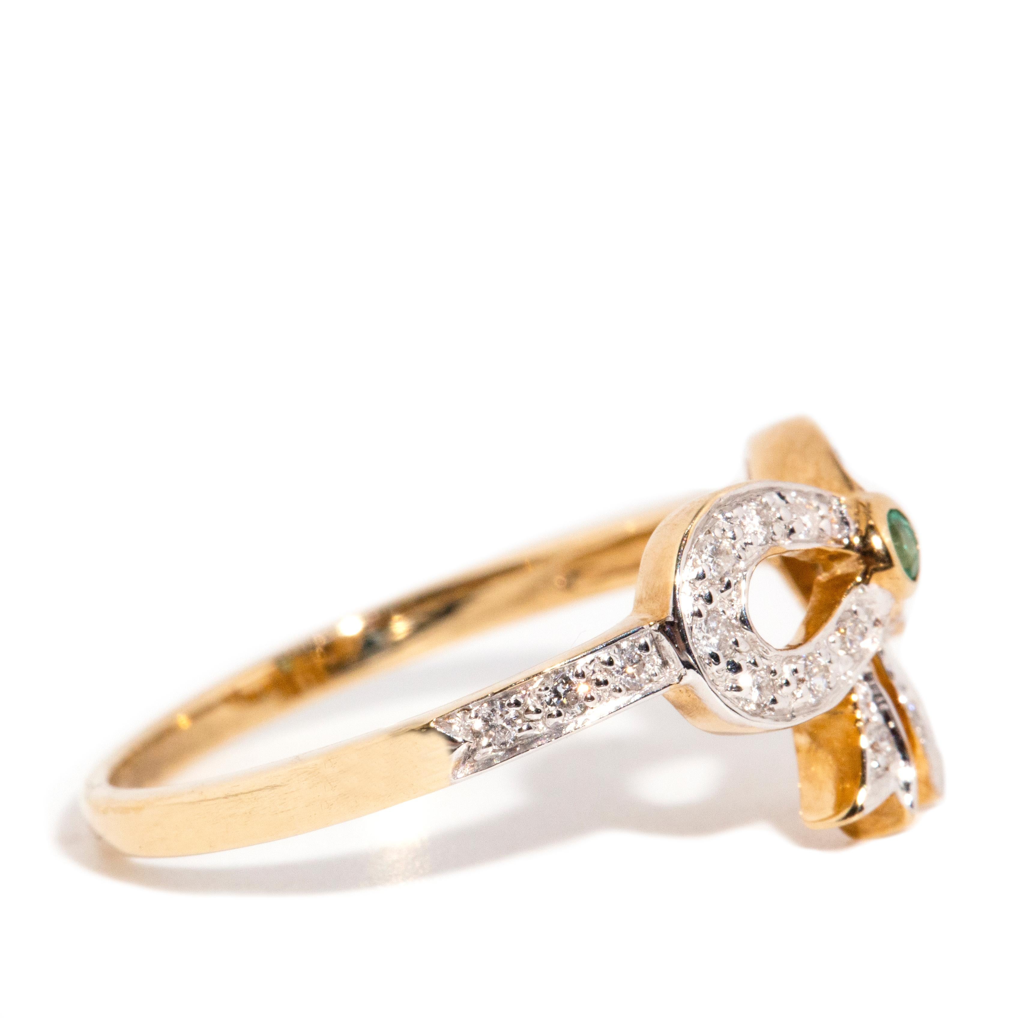 Women's Vintage Inspired Bright Green Emerald & Diamond Bow Ring 9 Carat Yellow Gold For Sale