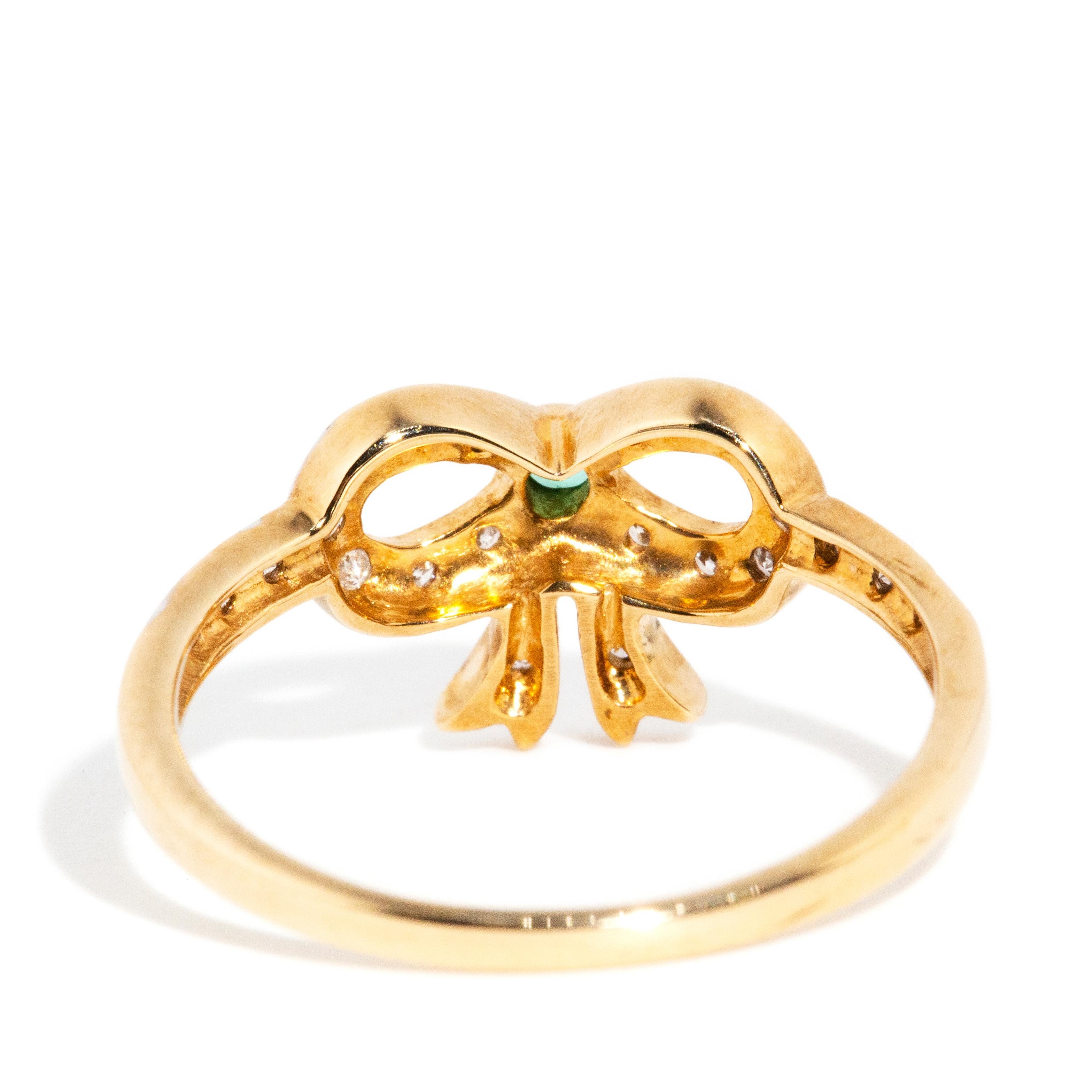 Vintage Inspired Bright Green Emerald & Diamond Bow Ring 9 Carat Yellow Gold For Sale 2