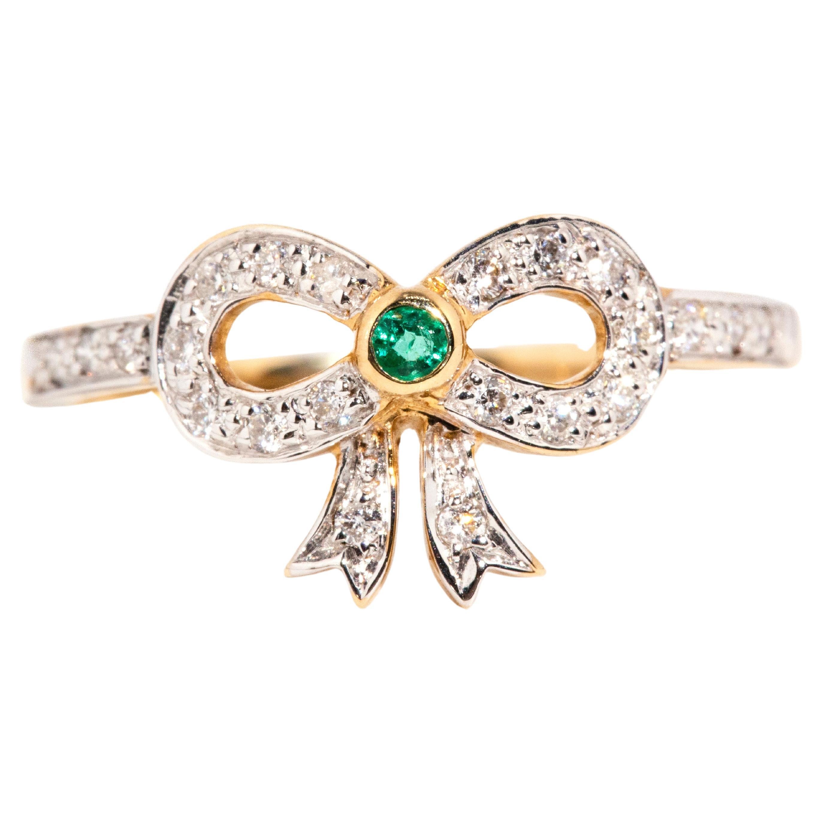 Vintage Inspired Bright Green Emerald & Diamond Bow Ring 9 Carat Yellow Gold For Sale