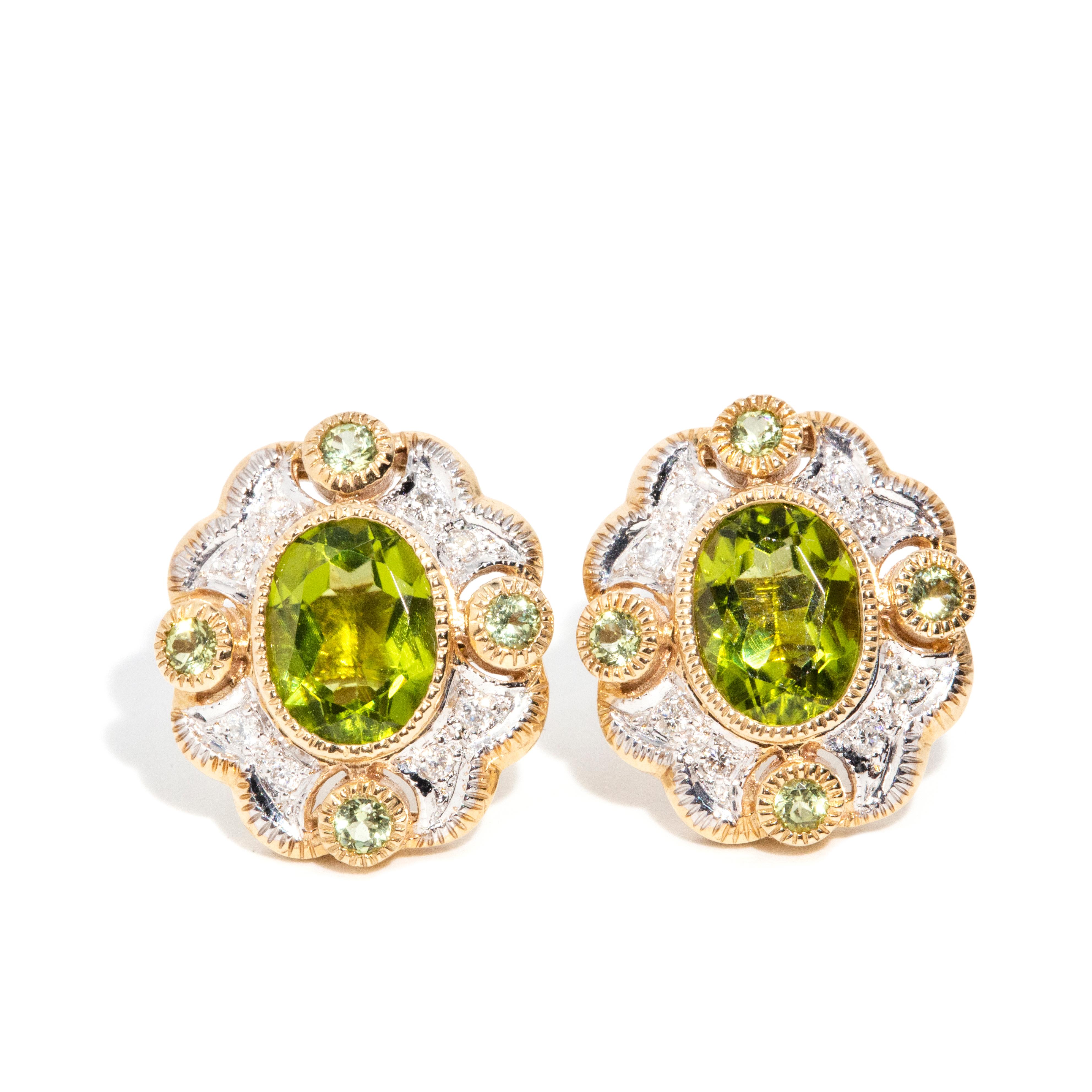 Contemporary Vintage Inspired Bright Green Peridot & Diamond Earrings 9 Carat Yellow Gold For Sale