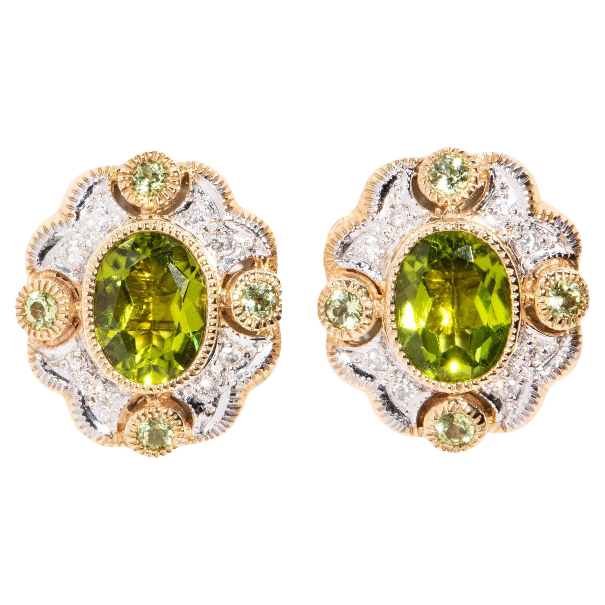 Vintage Inspired Bright Green Peridot & Diamond Earrings 9 Carat Yellow Gold For Sale