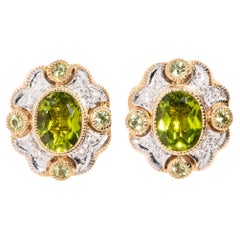 Vintage Inspired Bright Green Peridot & Diamond Earrings 9 Carat Yellow Gold