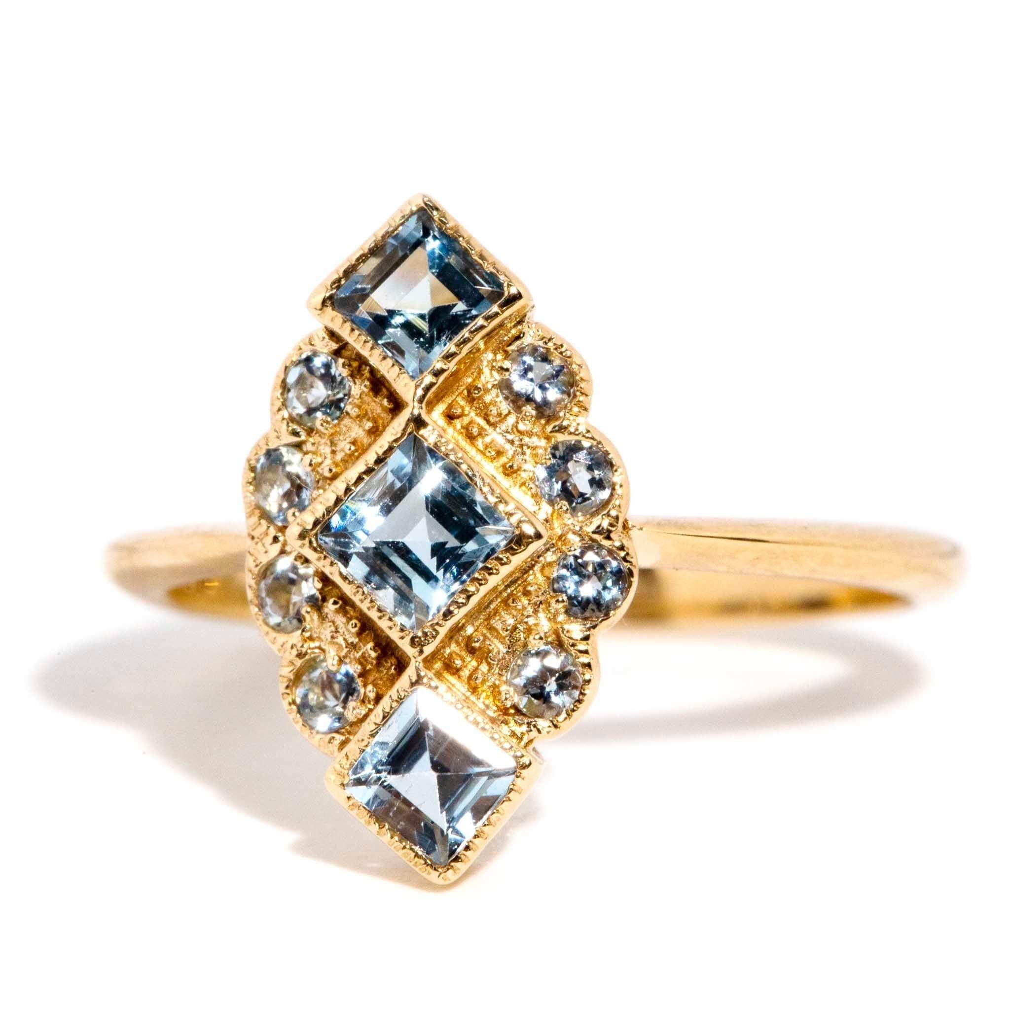 Modern Vintage Inspired Bright Light Blue Aquamarine Cluster Ring 9 Carat Yellow Gold For Sale