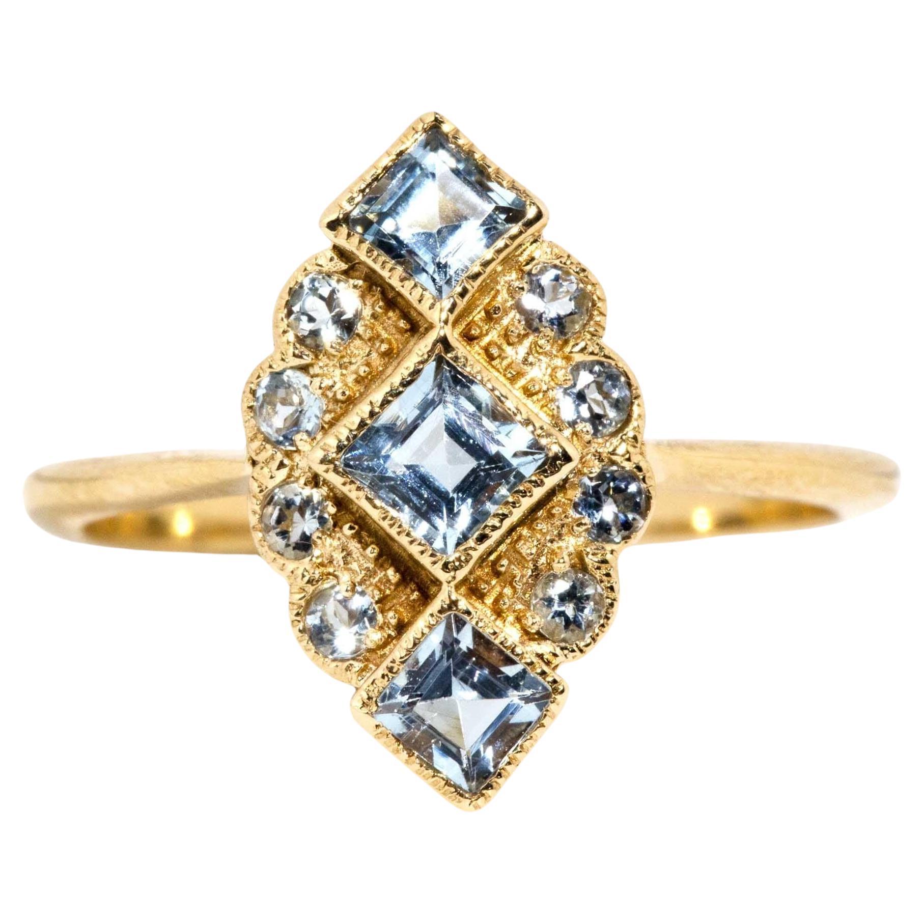 Vintage Inspired Bright Light Blue Aquamarine Cluster Ring 9 Carat Yellow Gold For Sale