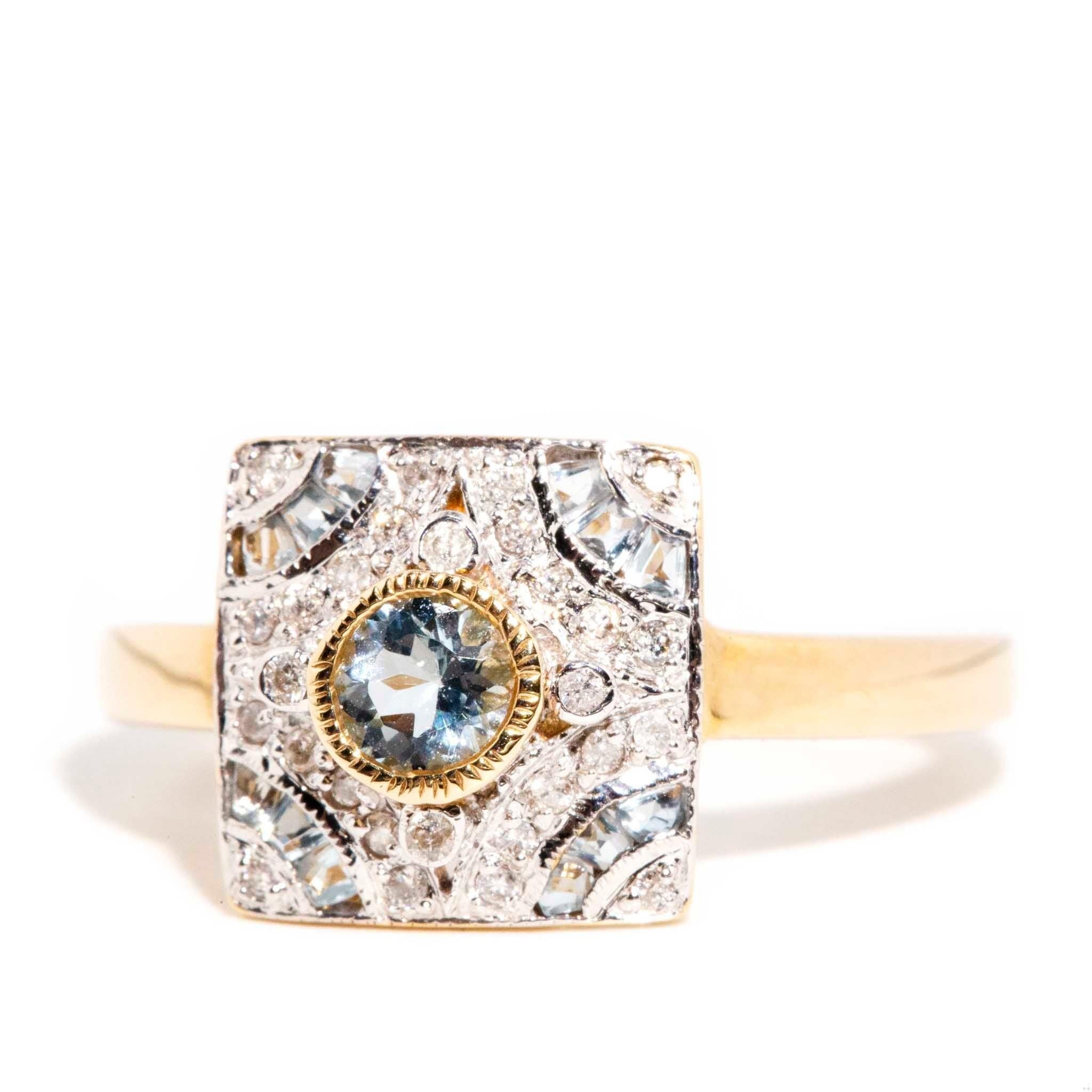 The sweet romances of our cinematic past were tales of love found, lost, then found again. Charming and silly but at their heart was love, a sweet and abiding love that stayed true. The 9 carat gold Jayne Ring with her blue aquamarine and diamond