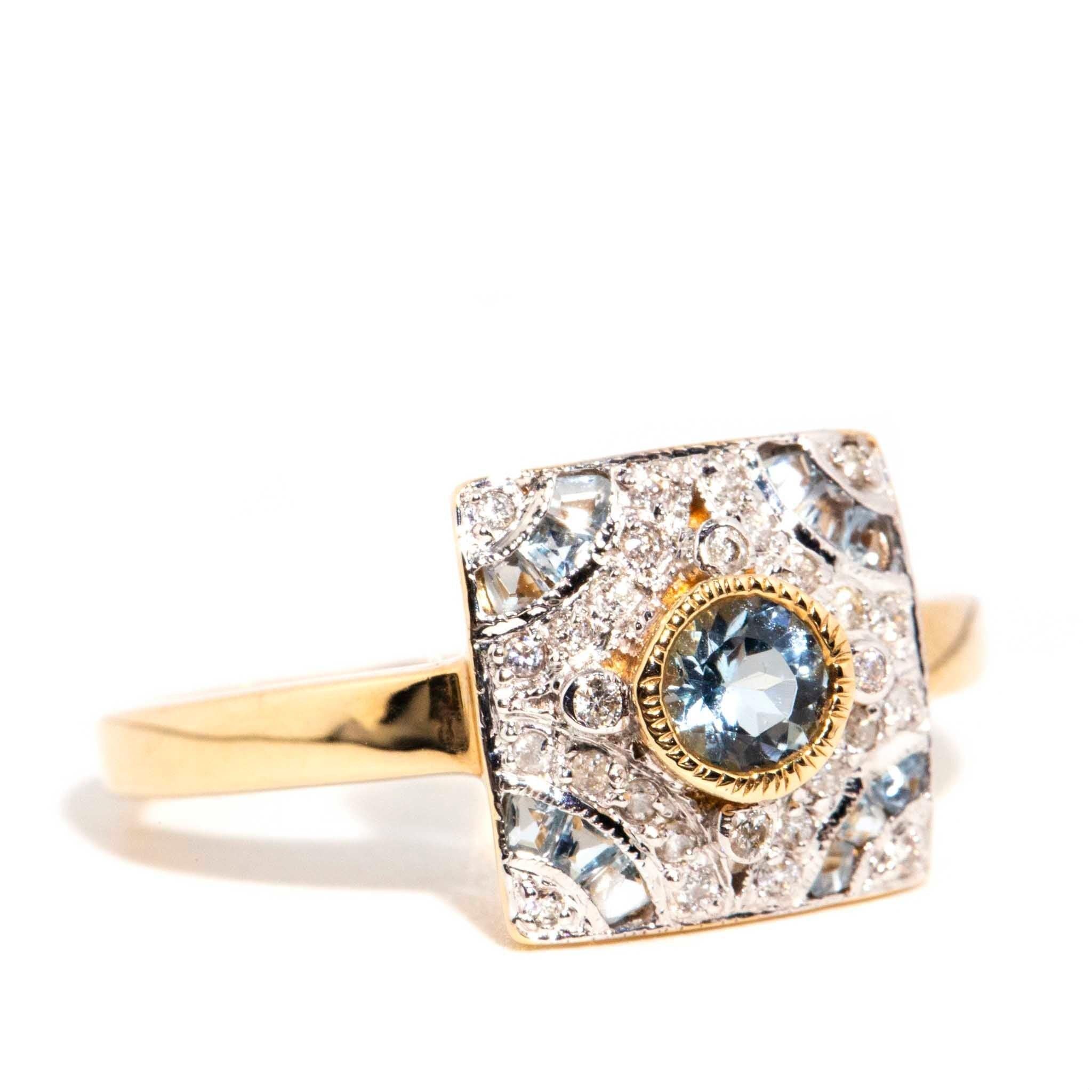 Vintage Inspired Bright Light Blue Aquamarine & Diamond Ring 9 Carat Yellow Gold In New Condition For Sale In Hamilton, AU