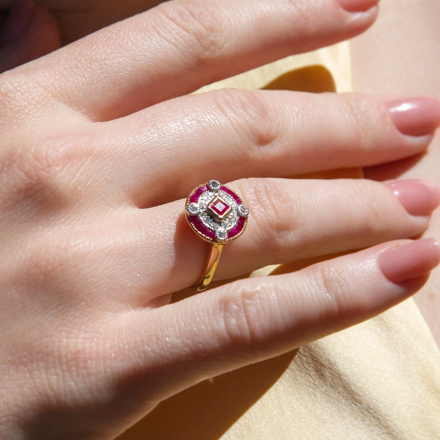 The 9 carat gold Harriet Ring imagines a time and a place where love and passion knew no bounds. Her royal red rubies and sparkling diamonds encapsulate the beauty of a romance that continues to burn ever brighter.

The Harriet Ring Gem Details
The