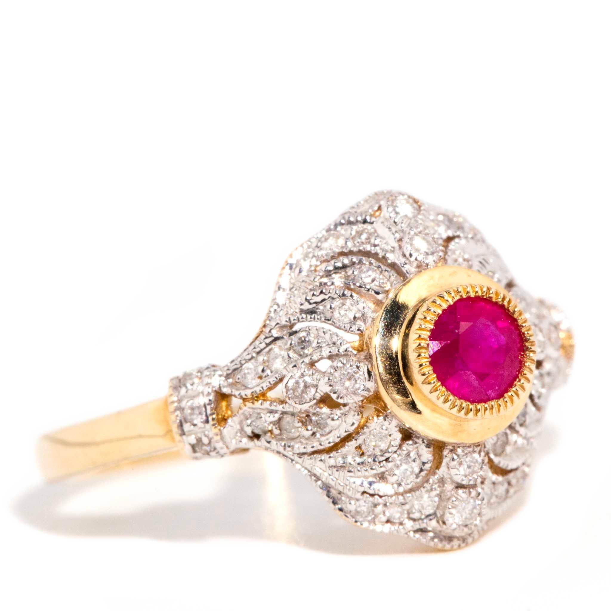 Contemporary Vintage Inspired Bright Red Ruby & Diamond Cluster Ring 9 Carat Yellow Gold For Sale