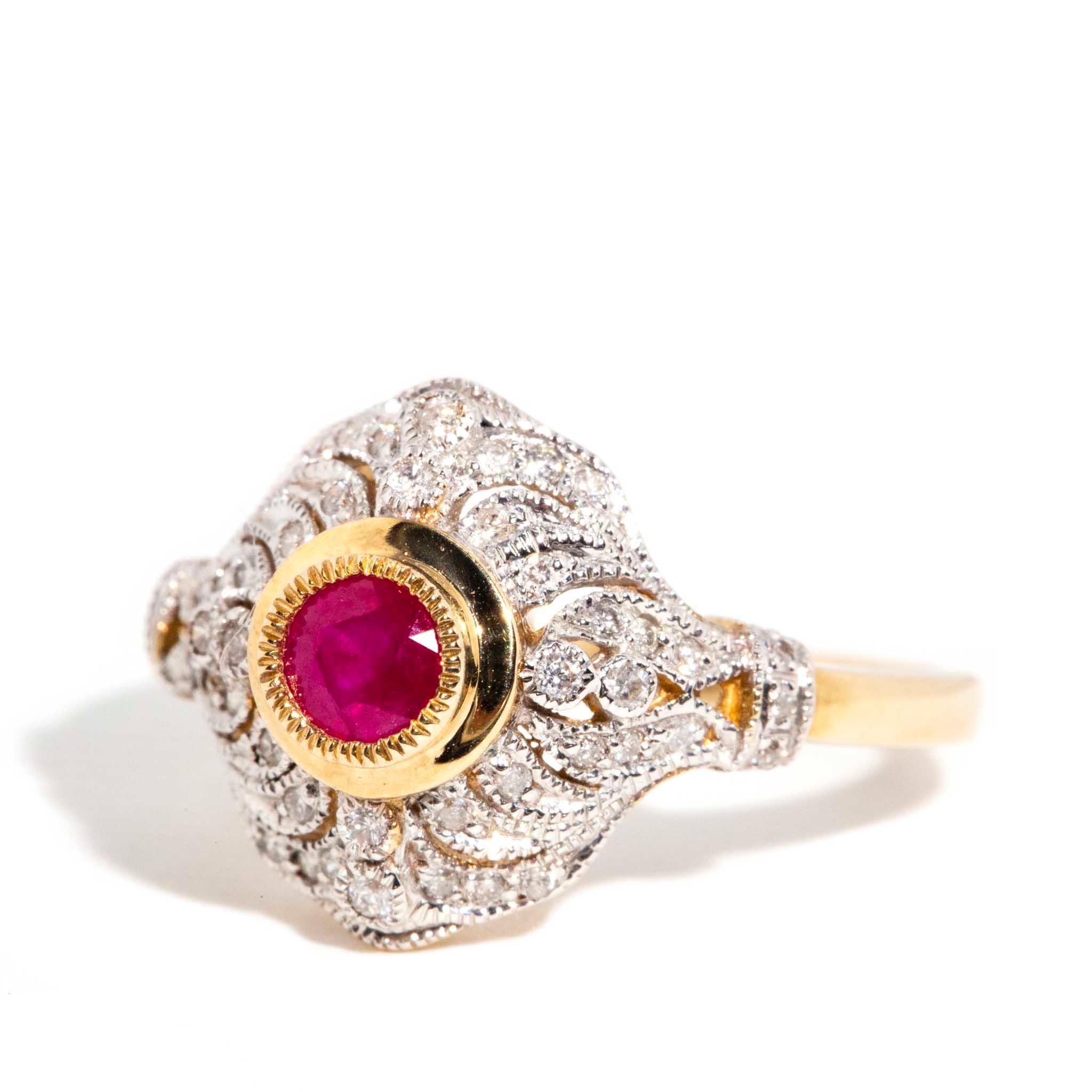 Round Cut Vintage Inspired Bright Red Ruby & Diamond Cluster Ring 9 Carat Yellow Gold For Sale