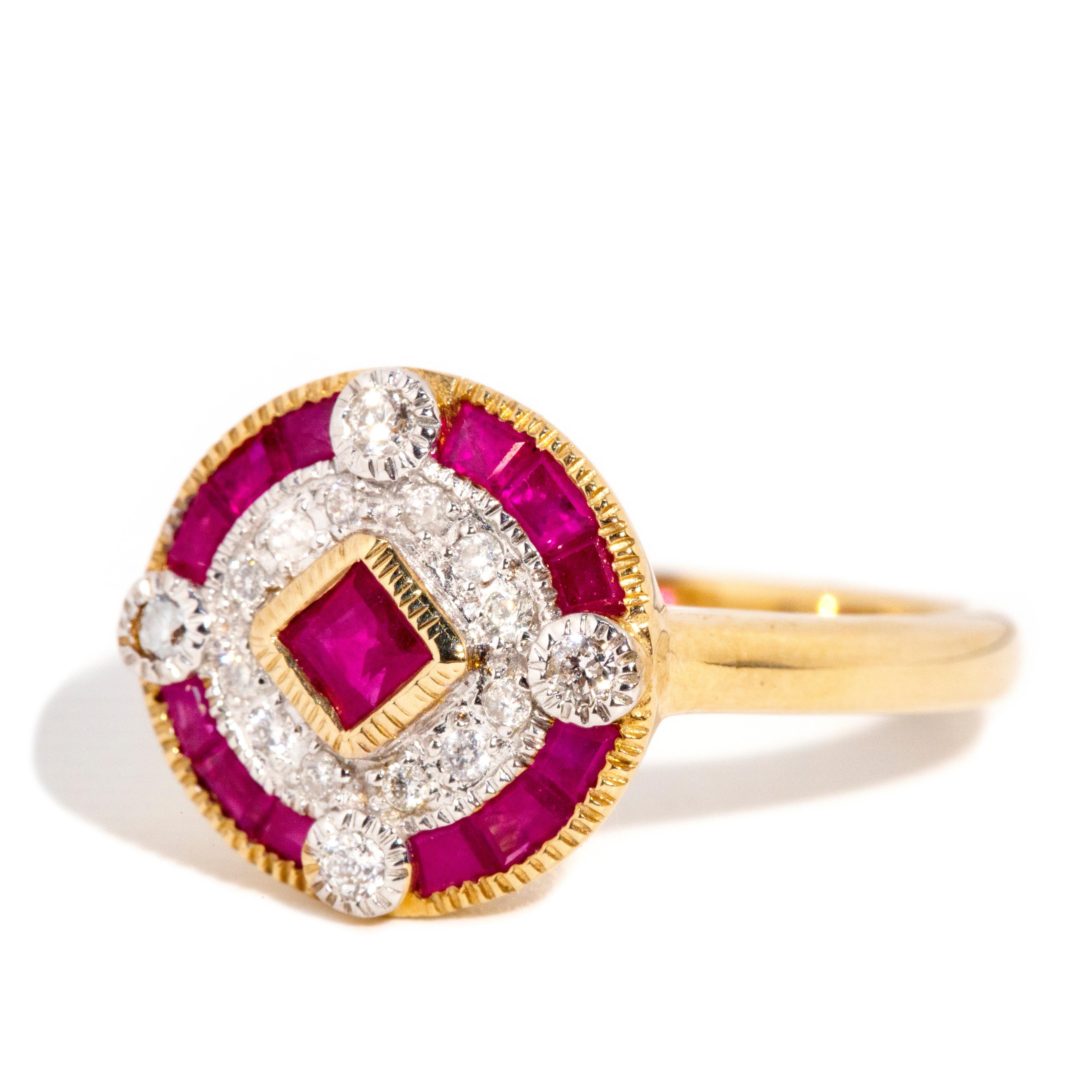 Square Cut Vintage Inspired Bright Red Ruby & Diamond Cluster Ring 9 Carat Yellow Gold For Sale