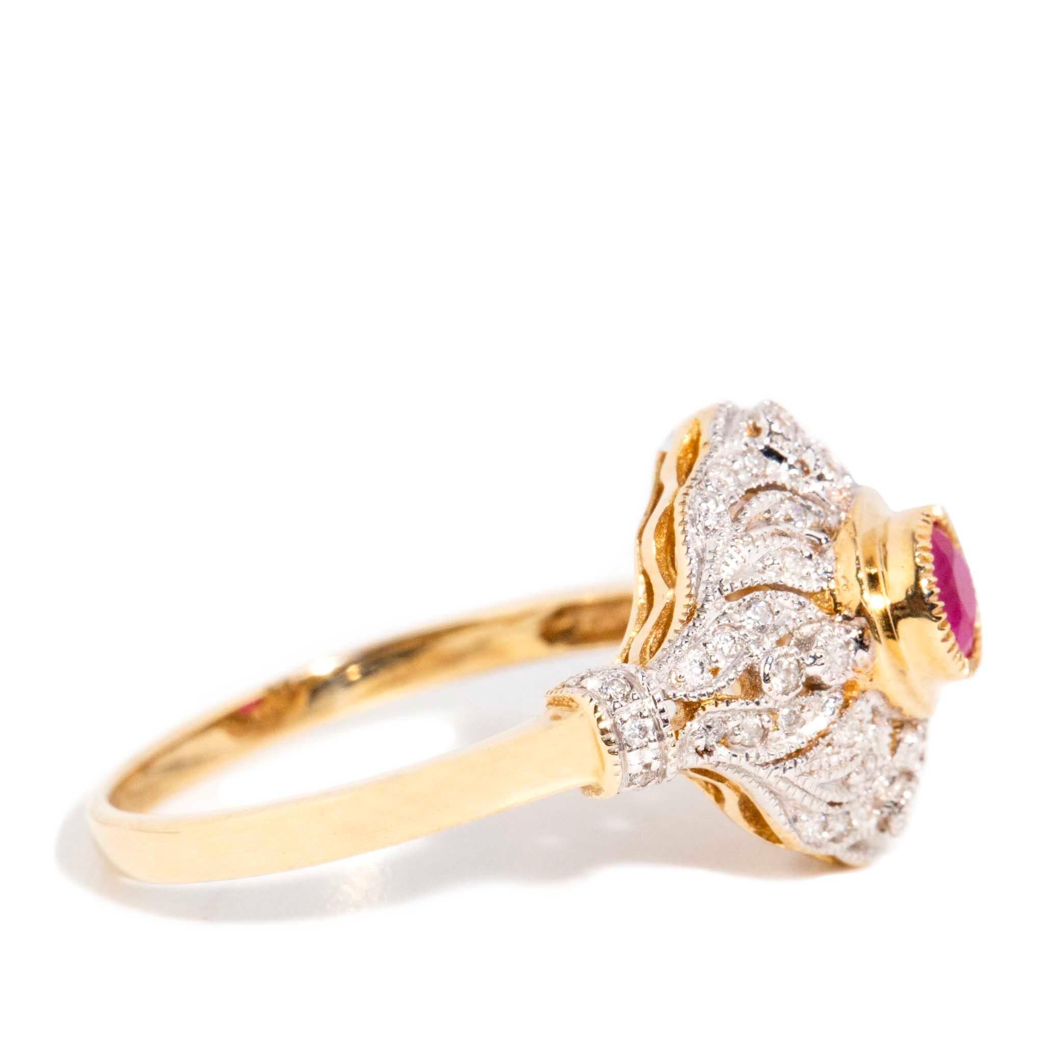 Women's Vintage Inspired Bright Red Ruby & Diamond Cluster Ring 9 Carat Yellow Gold For Sale