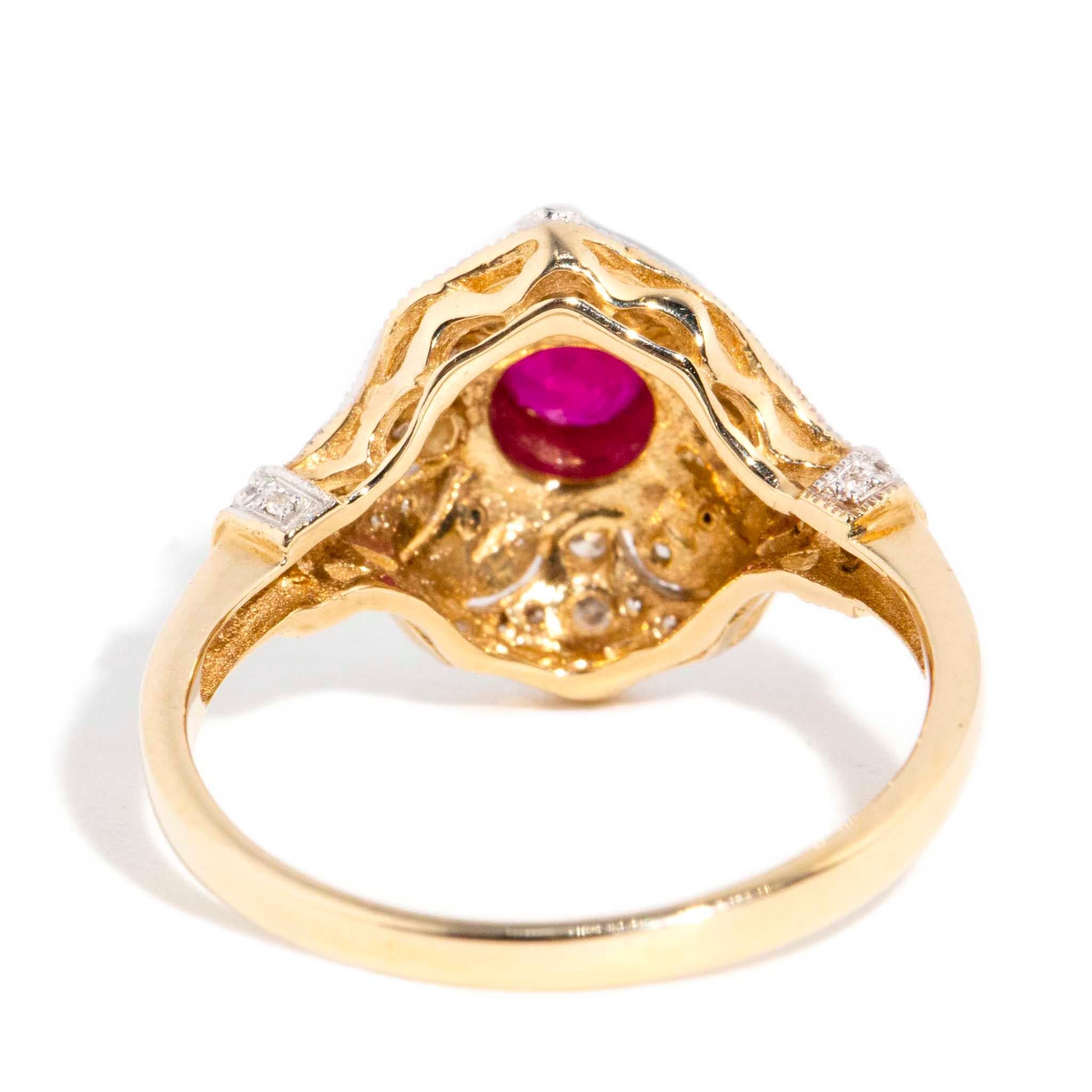 Vintage Inspired Bright Red Ruby & Diamond Cluster Ring 9 Carat Yellow Gold For Sale 2