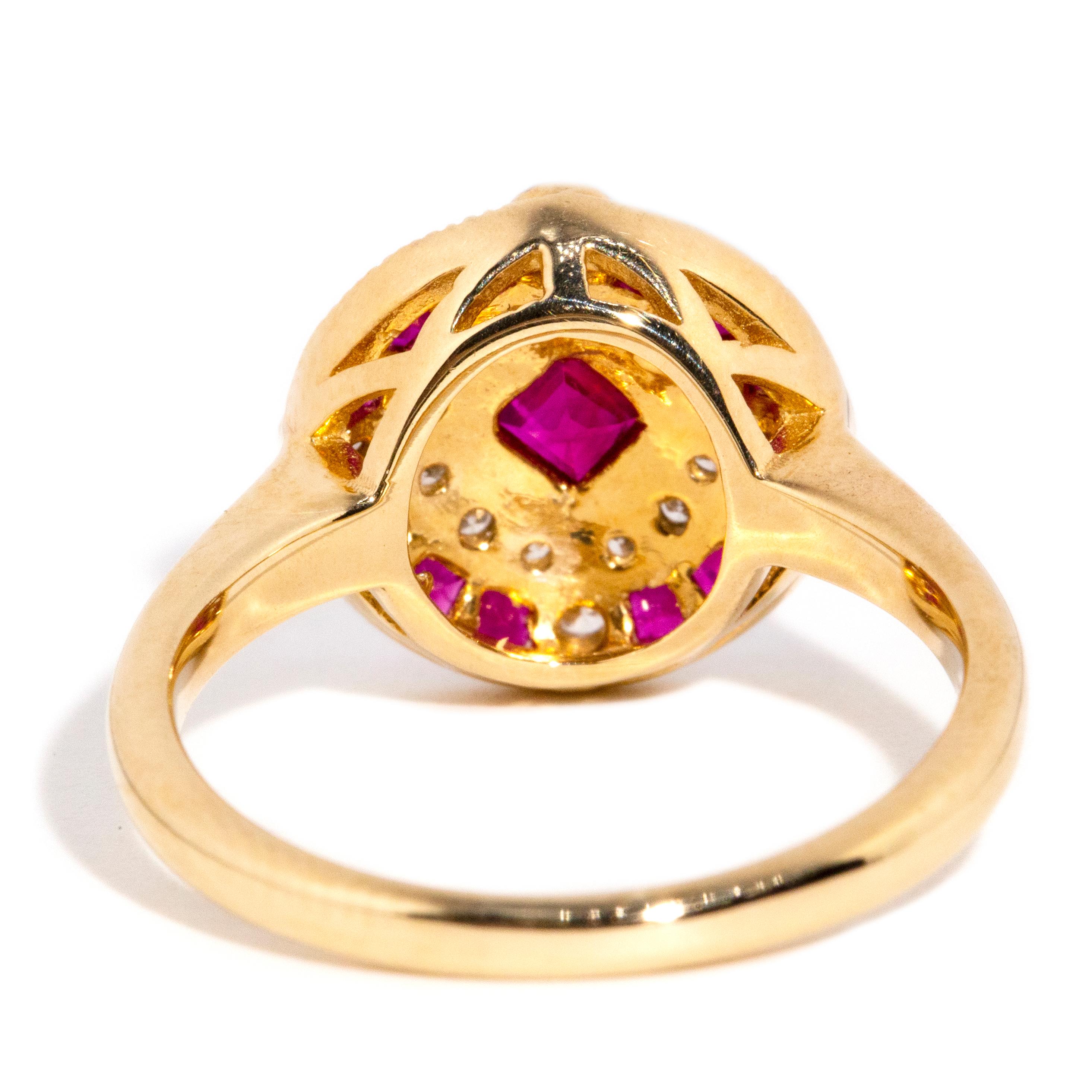 Vintage Inspired Bright Red Ruby & Diamond Cluster Ring 9 Carat Yellow Gold For Sale 2