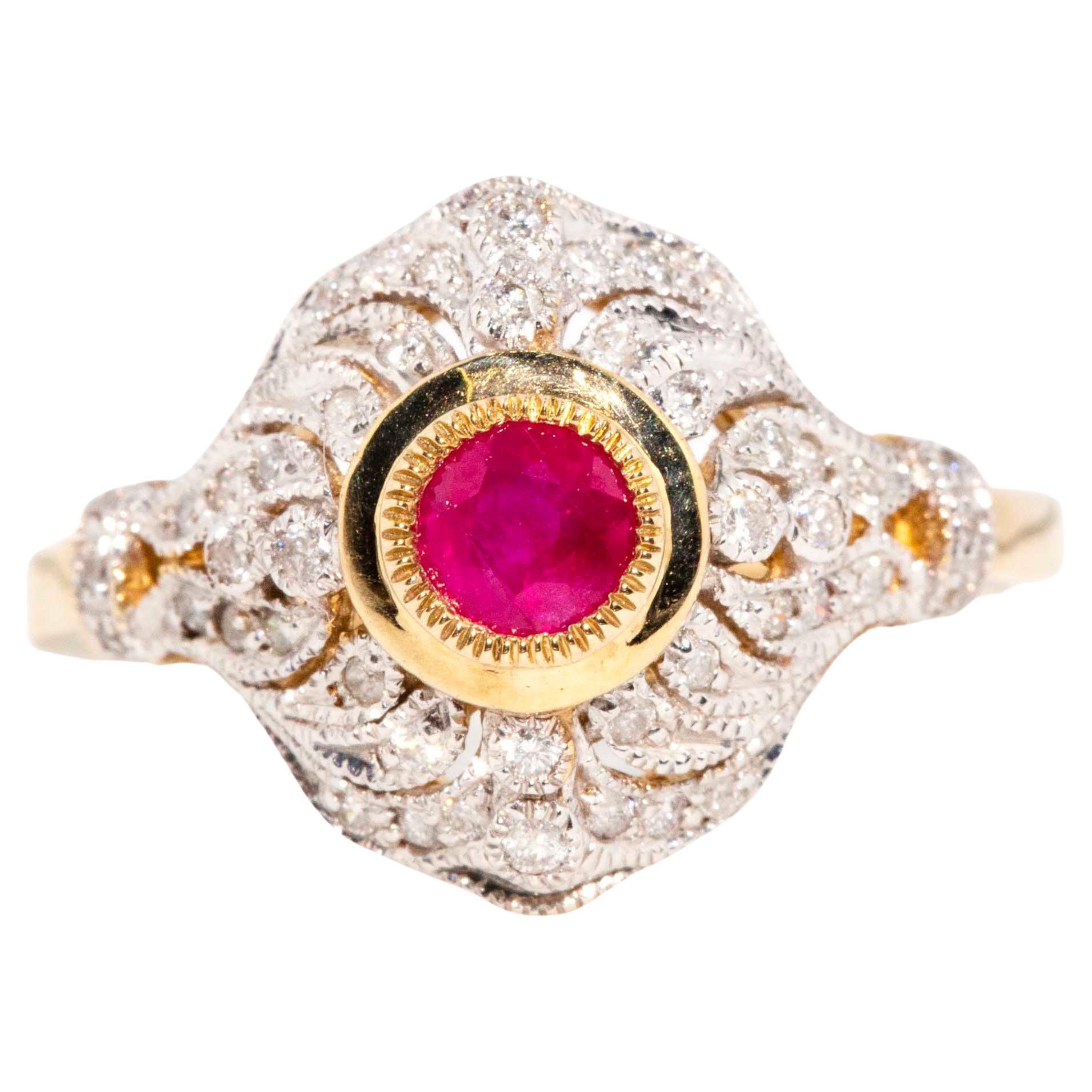 Vintage Inspired Bright Red Ruby & Diamond Cluster Ring 9 Carat Yellow Gold For Sale