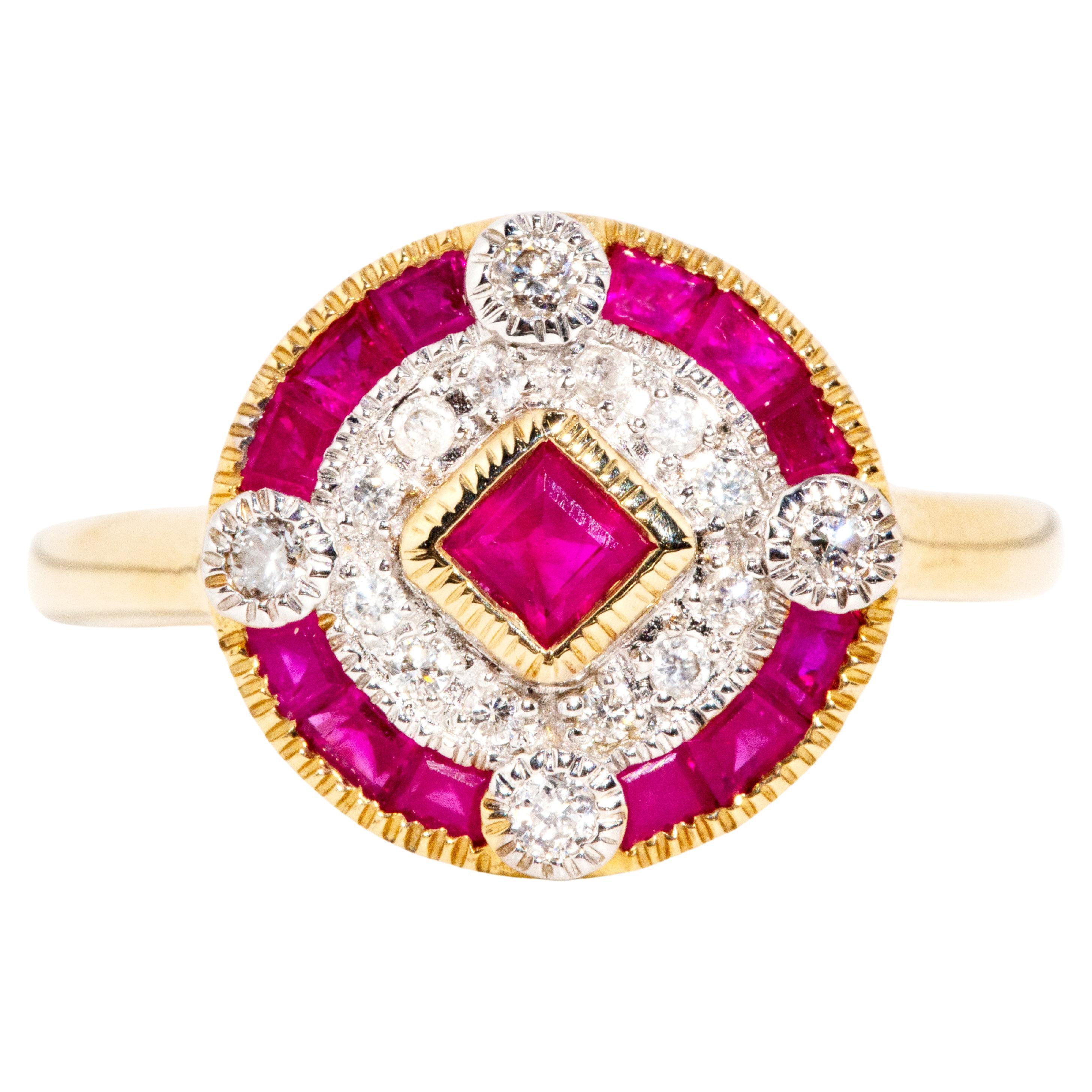 Vintage Inspired Bright Red Ruby & Diamond Cluster Ring 9 Carat Yellow Gold For Sale