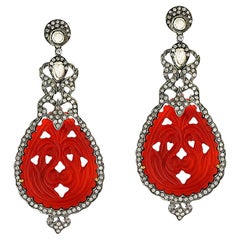 Vintage-Inspired Carved Orange Agate 
Diamond Statement Drop Earrings