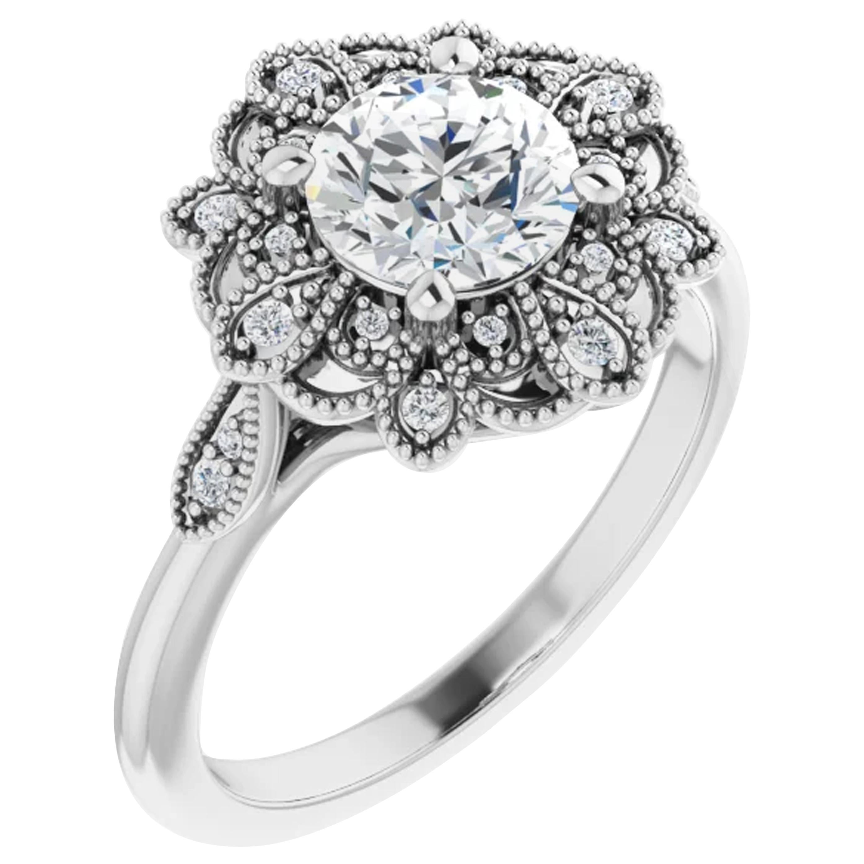 Vintage Inspired Cathedral Halo Round Brilliant GIA Certified Engagement Ring For Sale