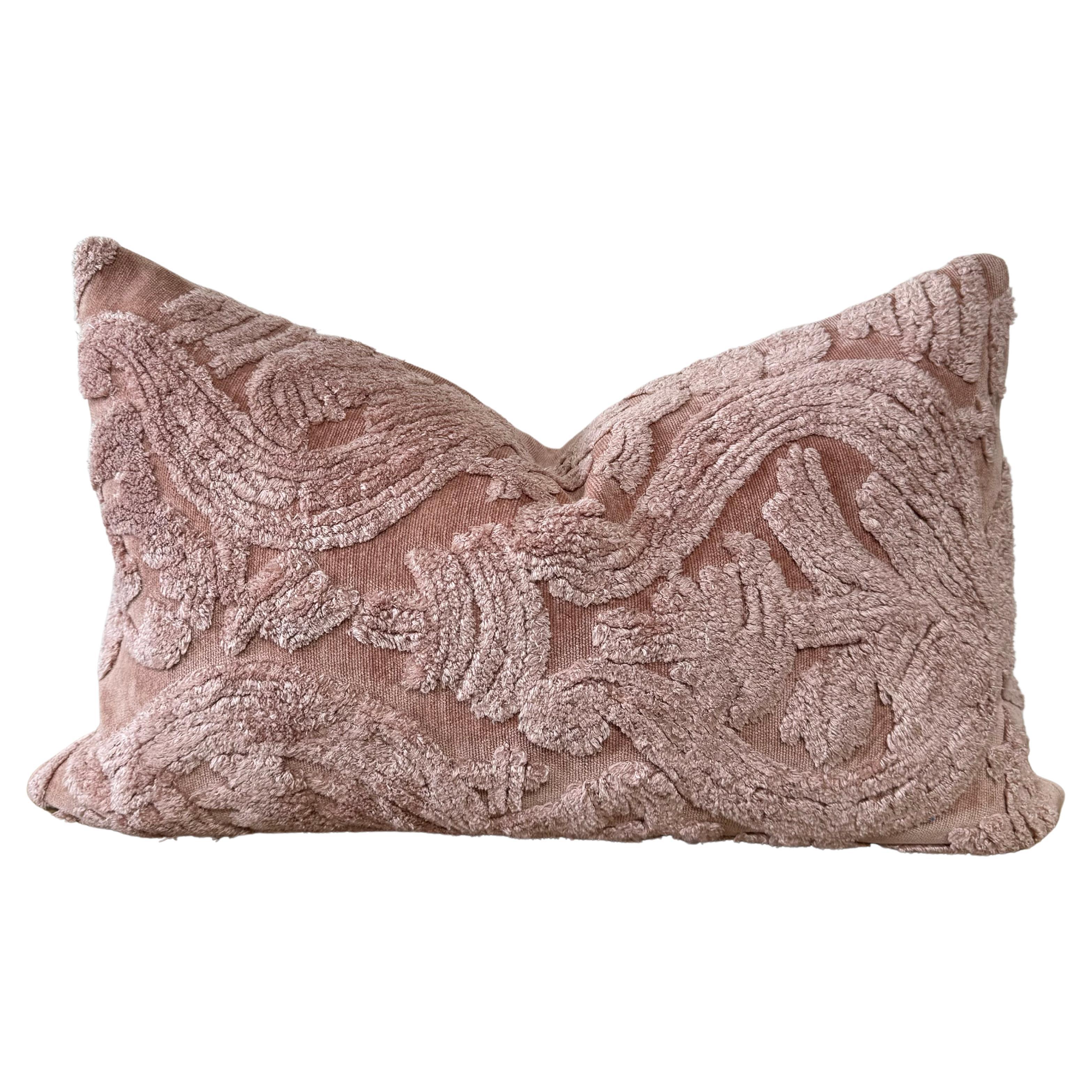 Vintage Inspired Chenille Style Lumbar Pillow in Blush Rose