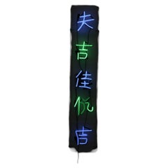 Vintage Inspired Chinese Character Neon Sign in Blue and Green