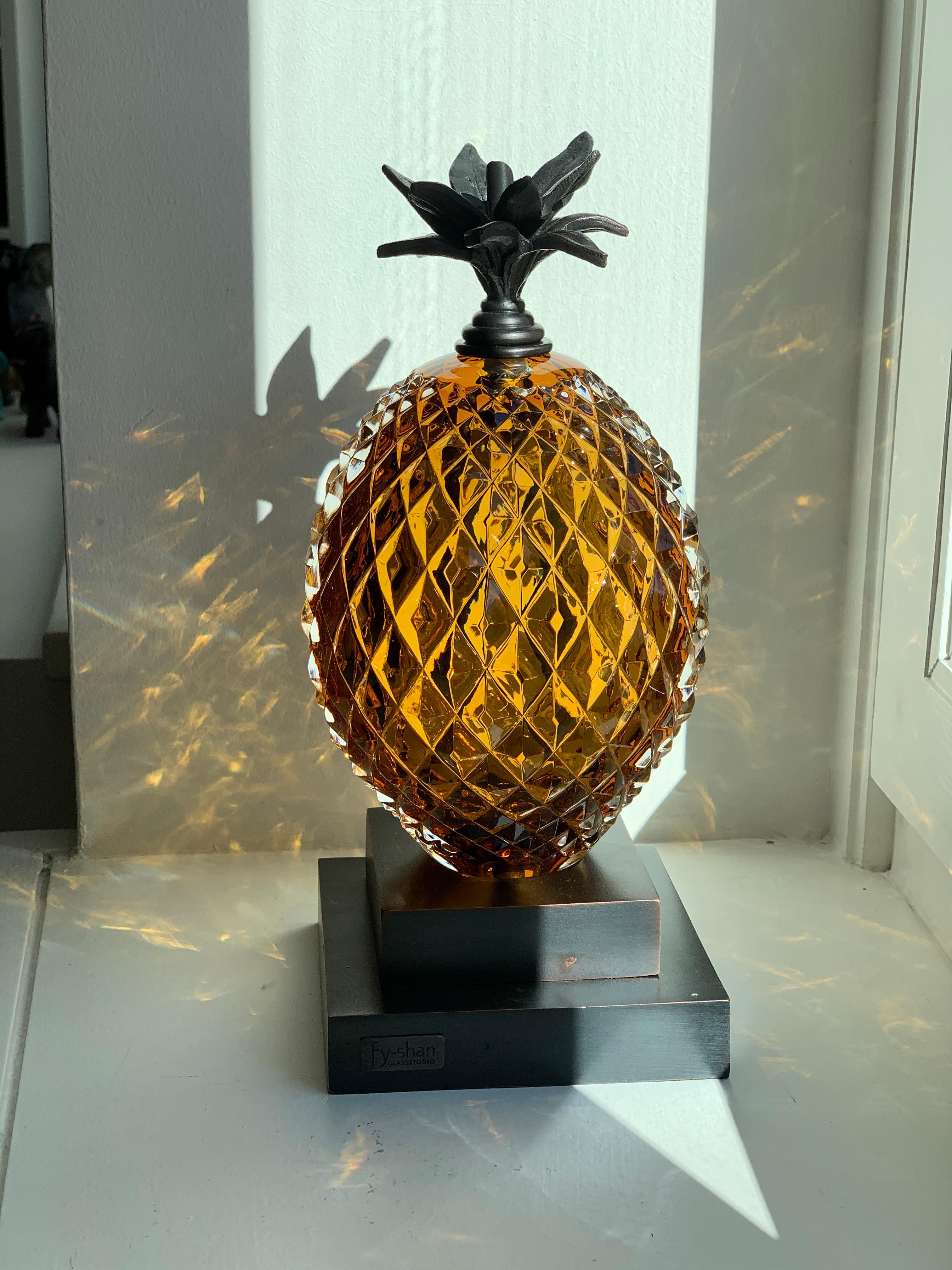 Vintage Inspired Contemporary Pineapple Glass Bookend in Amber For Sale 1
