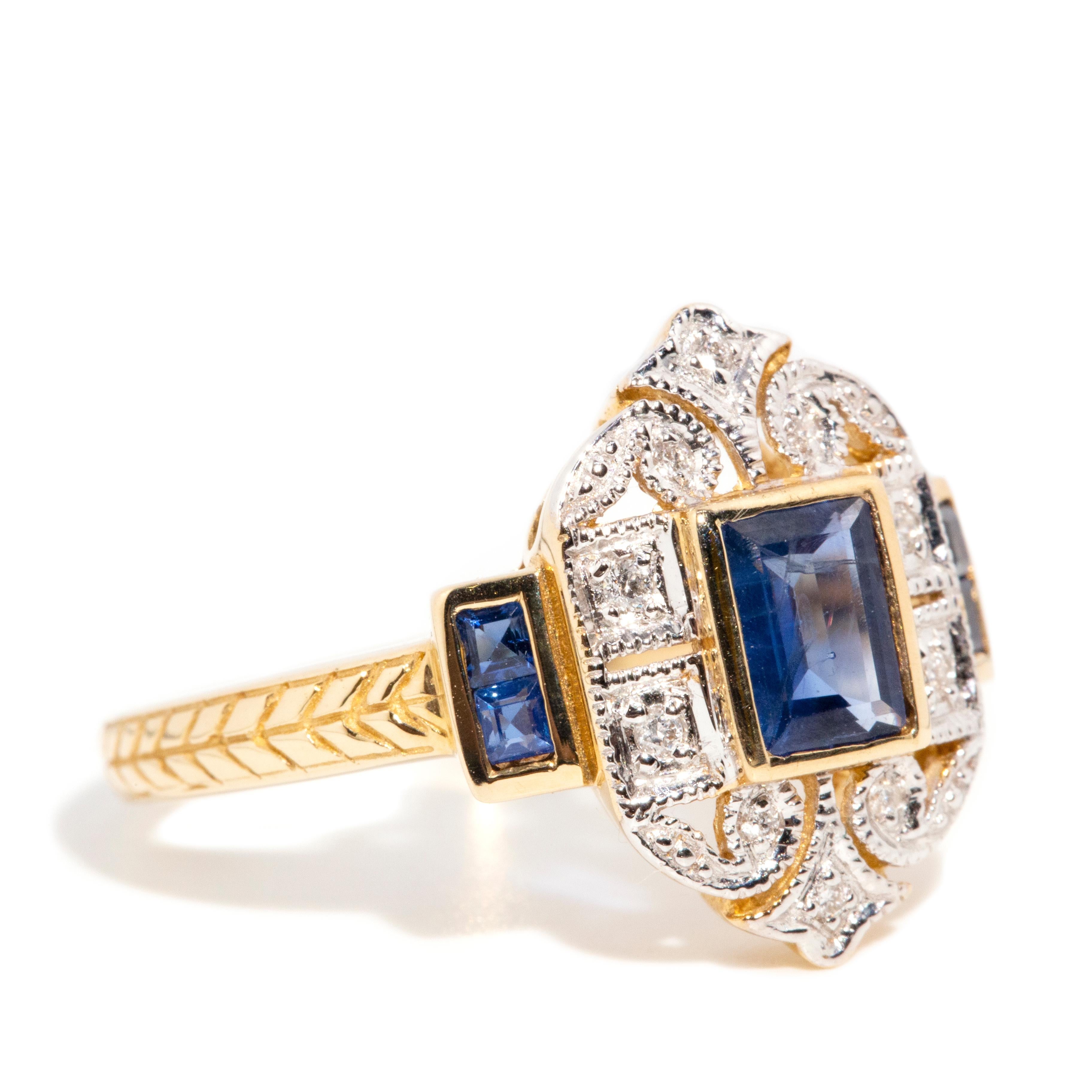 Contemporary Vintage Inspired Deep Blue Baguette Sapphire & Diamond Ring 9 Carat Yellow Gold For Sale
