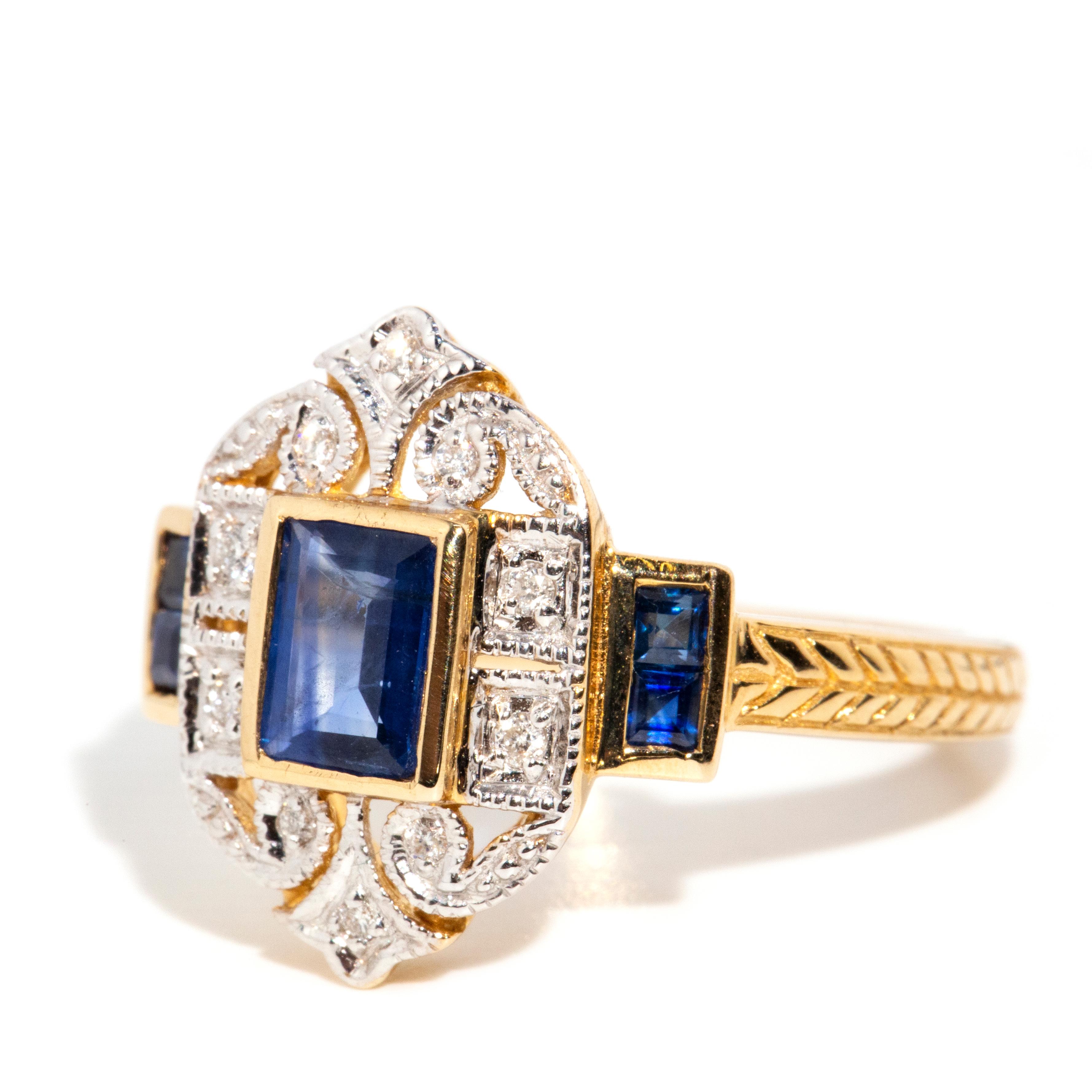 Baguette Cut Vintage Inspired Deep Blue Baguette Sapphire & Diamond Ring 9 Carat Yellow Gold For Sale