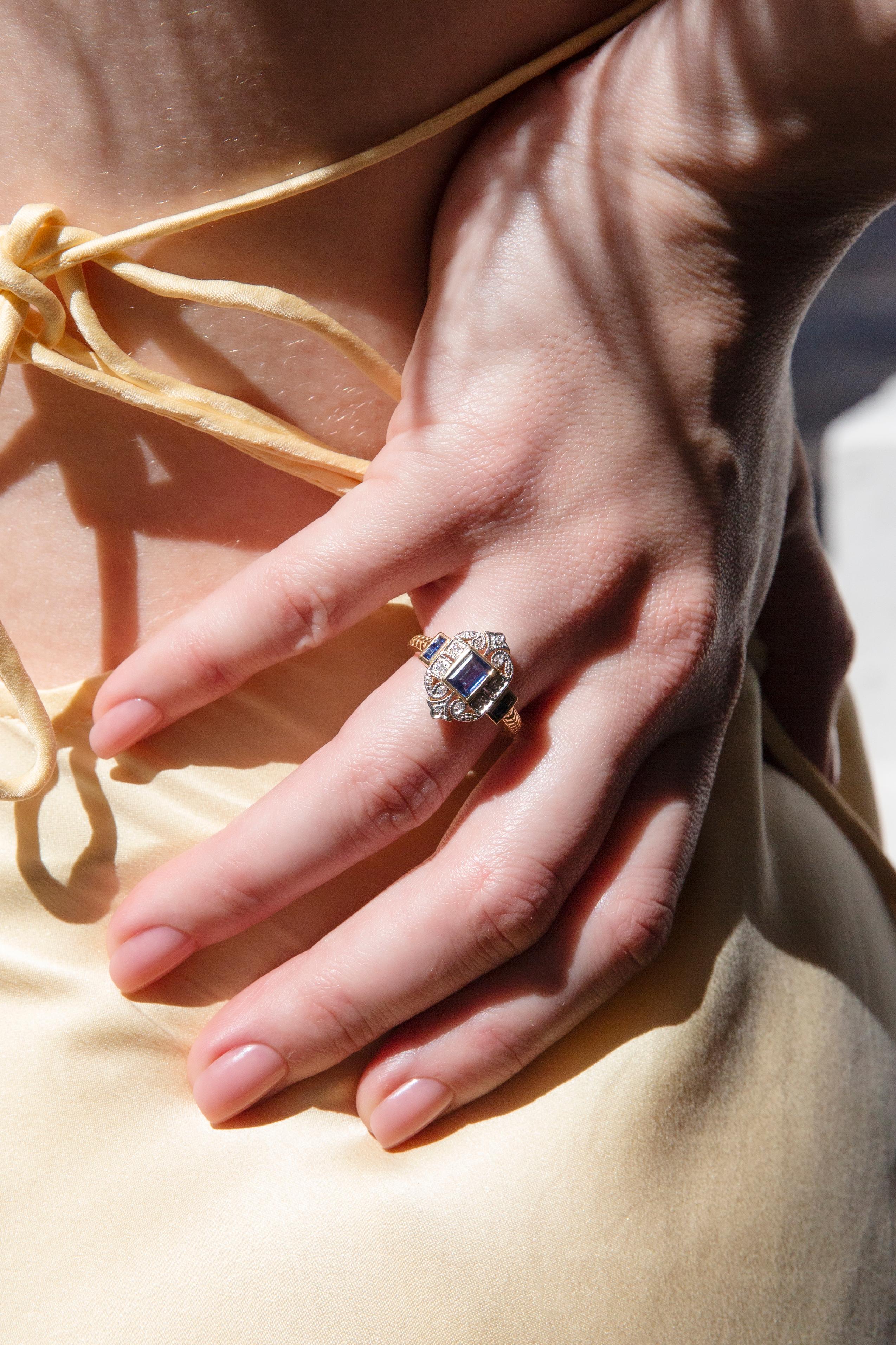 Vintage Inspired Deep Blue Baguette Sapphire & Diamond Ring 9 Carat Yellow Gold In New Condition For Sale In Hamilton, AU