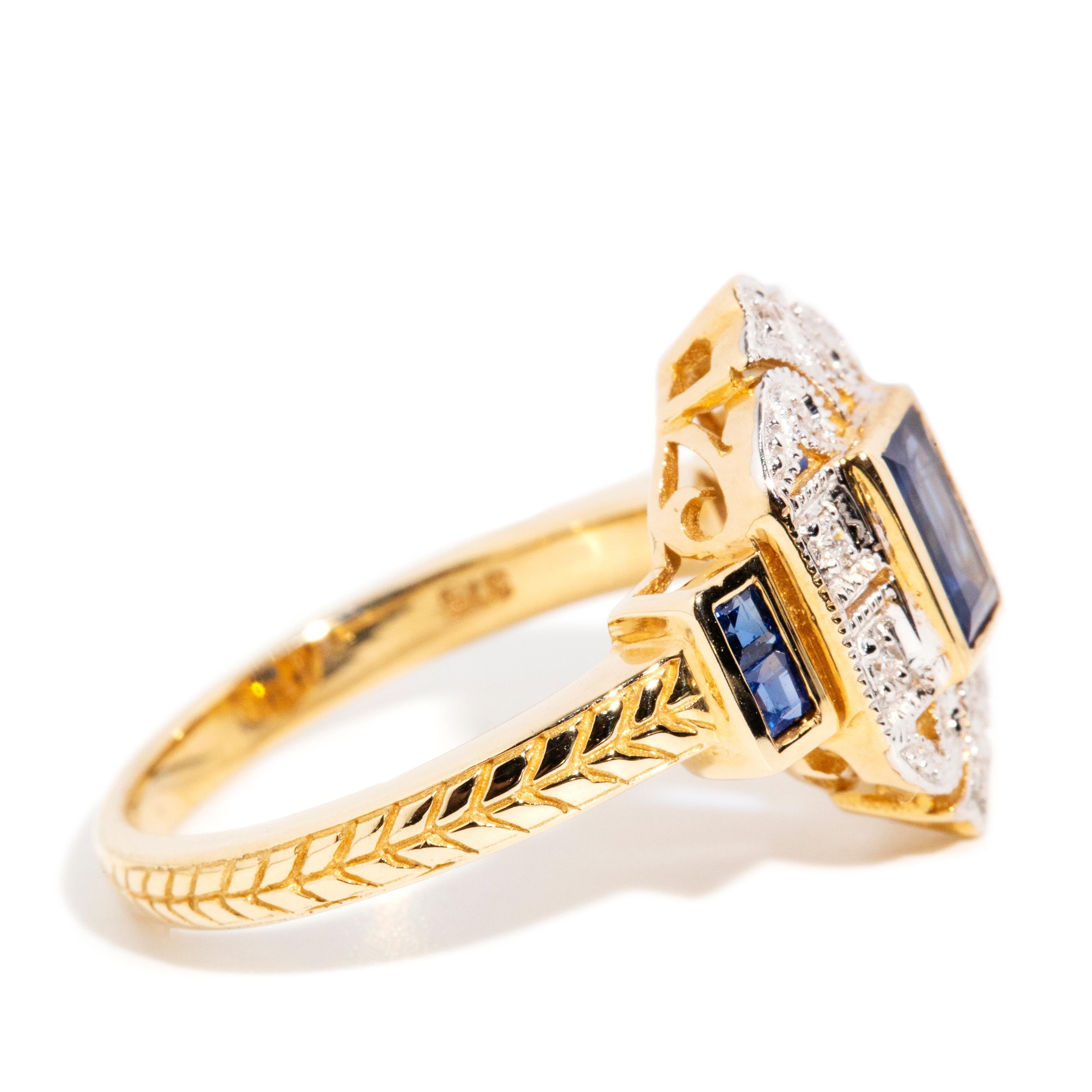 Women's Vintage Inspired Deep Blue Baguette Sapphire & Diamond Ring 9 Carat Yellow Gold For Sale