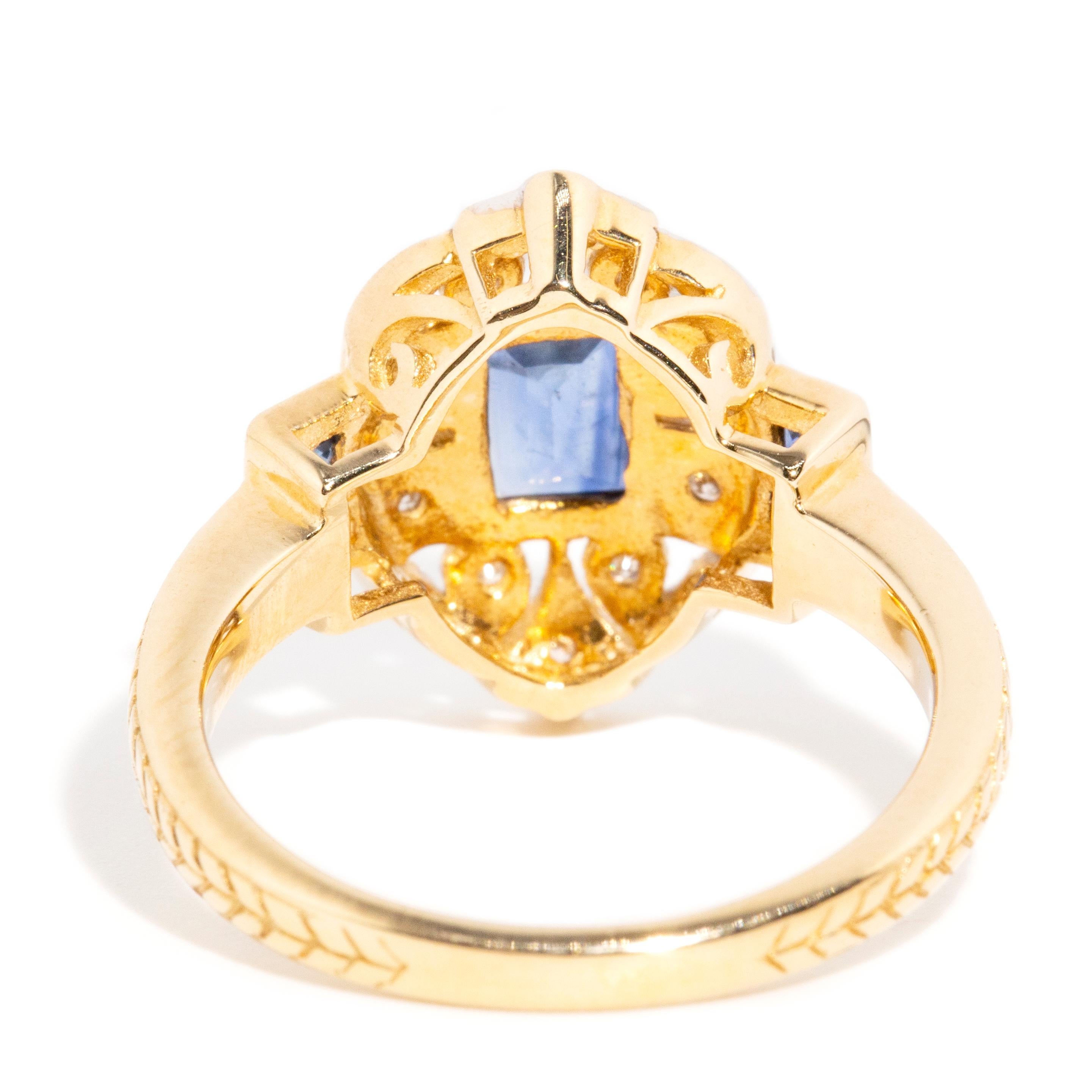 Vintage Inspired Deep Blue Baguette Sapphire & Diamond Ring 9 Carat Yellow Gold For Sale 2