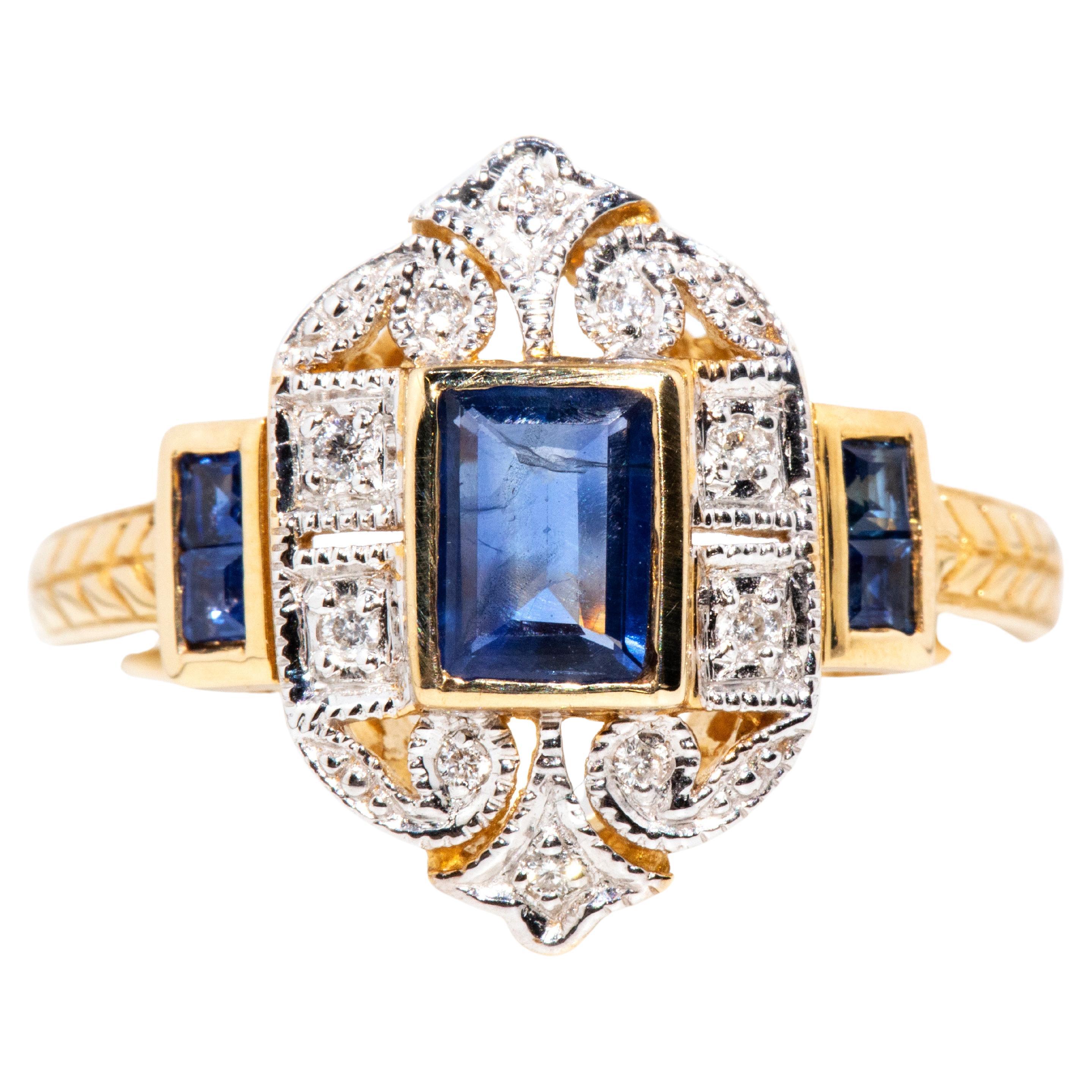Vintage Inspired Deep Blue Baguette Sapphire & Diamond Ring 9 Carat Yellow Gold For Sale