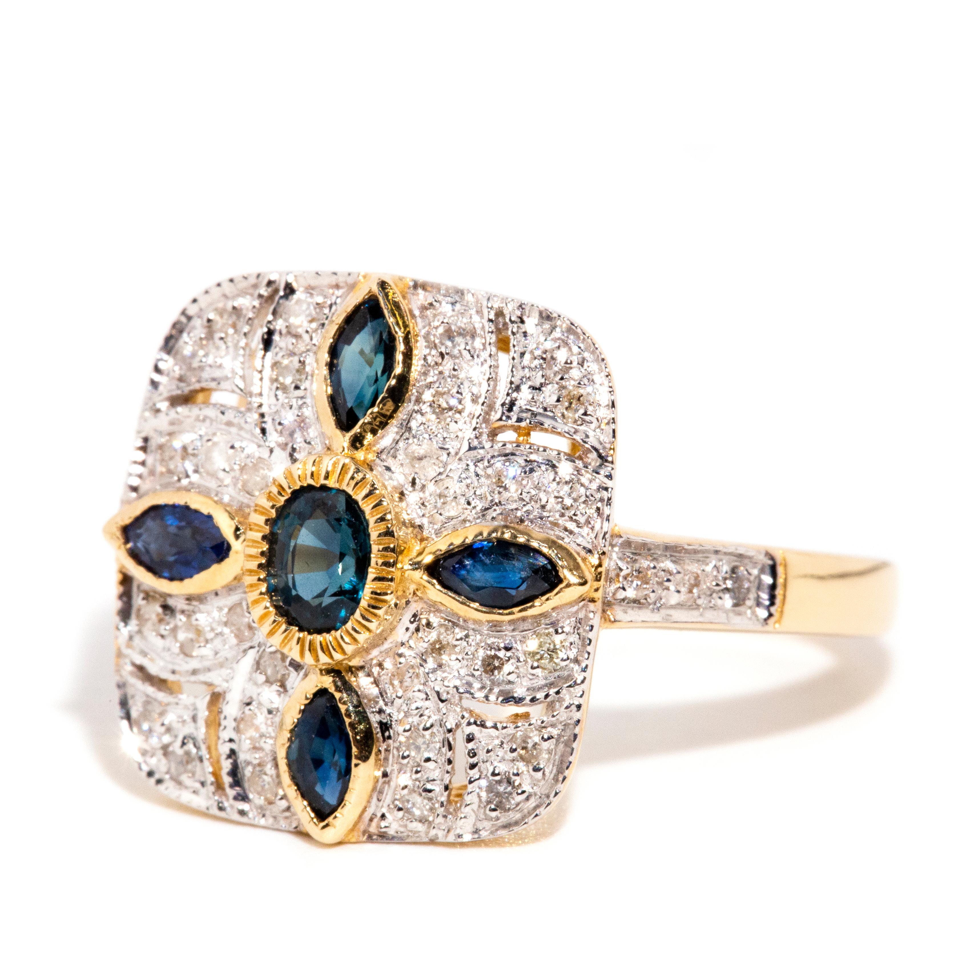 Vintage Inspired Deep Blue Sapphire & Diamond Cluster Ring 9 Carat Yellow Gold For Sale 3
