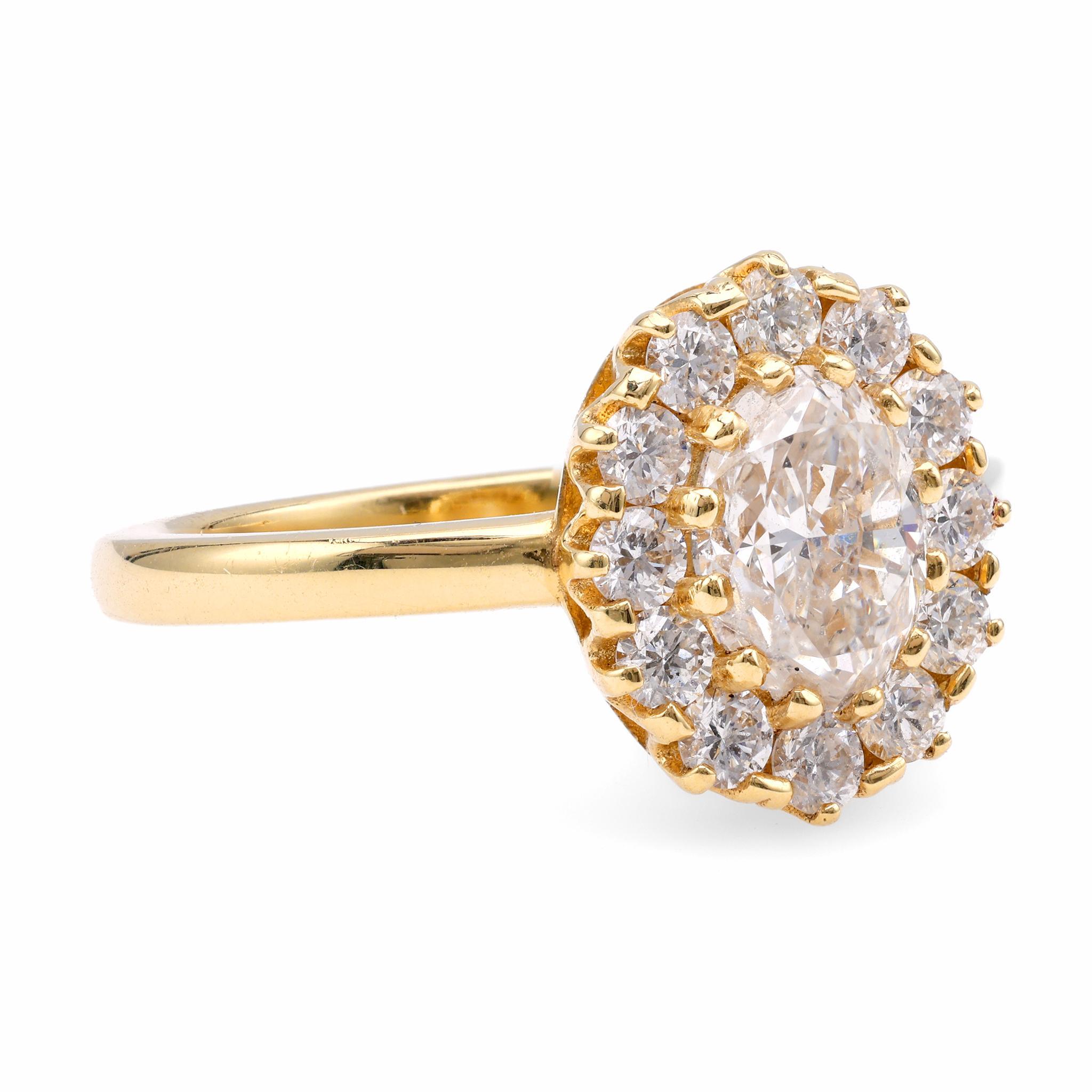 Oval Cut Vintage Inspired Diamond 18K Yellow Gold Cluster Ring For Sale