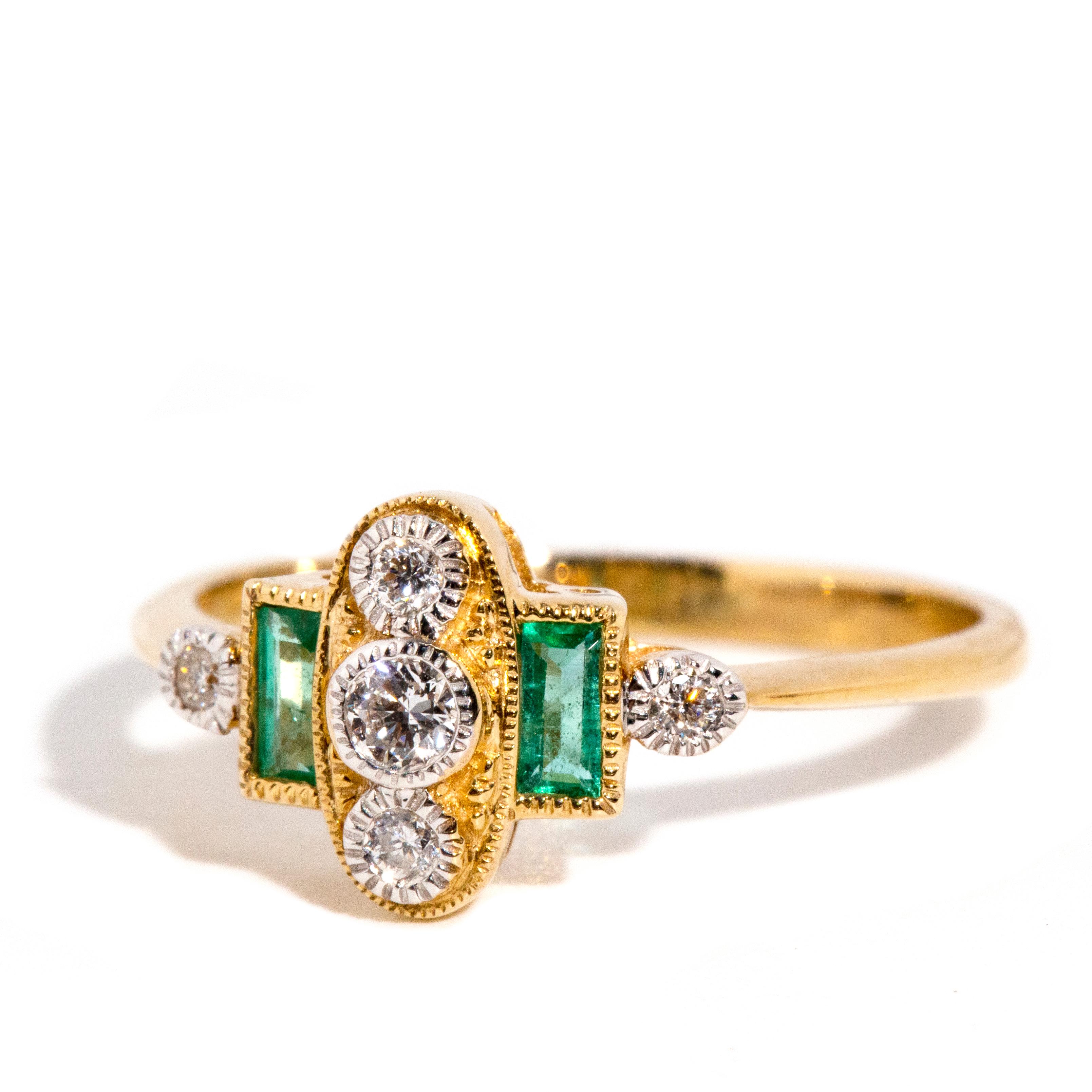Contemporary Vintage Inspired Diamond & Bright Green Emerald Cluster Ring 9 Carat Yellow Gold For Sale