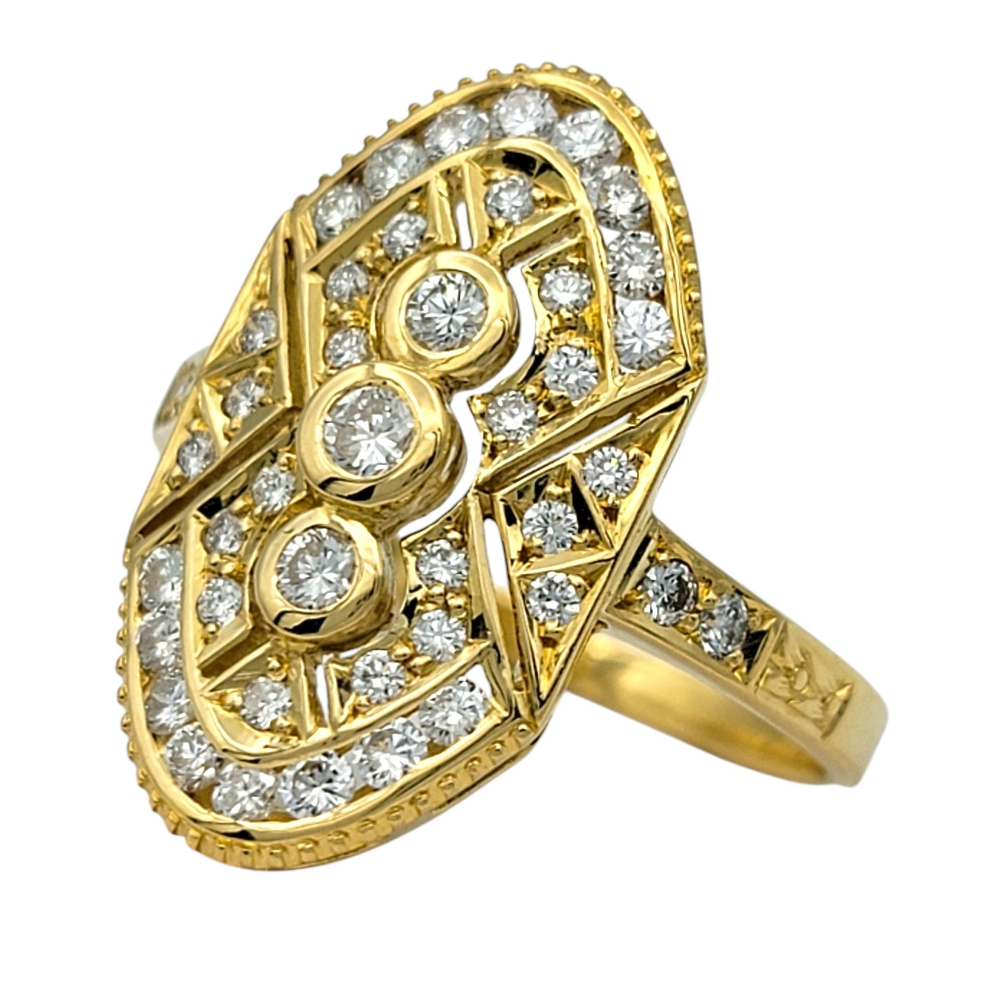 Round Cut Vintage Inspired Diamond Geometric Cocktail Ring with Cut-Outs in 18 Karat Gold For Sale