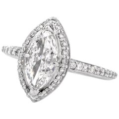 Retro Inspired Diamond Marquise Engagement Ring with Halo in 14 Karat Gold