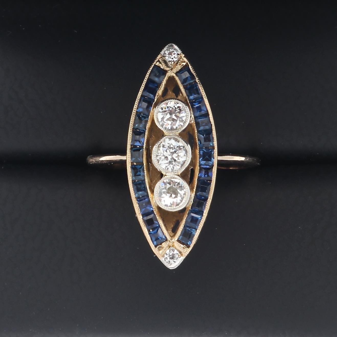 Victorian Vintage Inspired Diamond Sapphire Gold Navette Ring