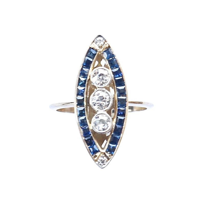 Vintage Inspired Diamond Sapphire Gold Navette Ring