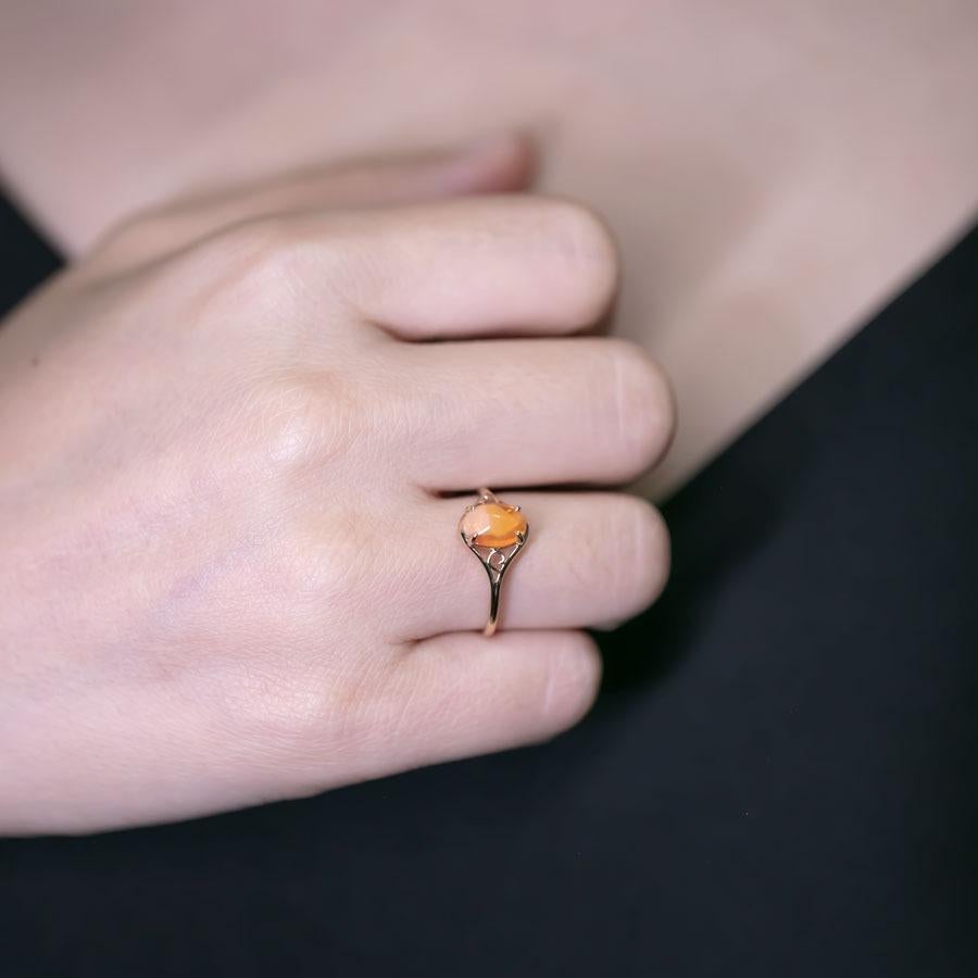Arts and Crafts Vintage Inspired Egg Fire Opal Engagement Ring 14K Yellow Gold For Sale