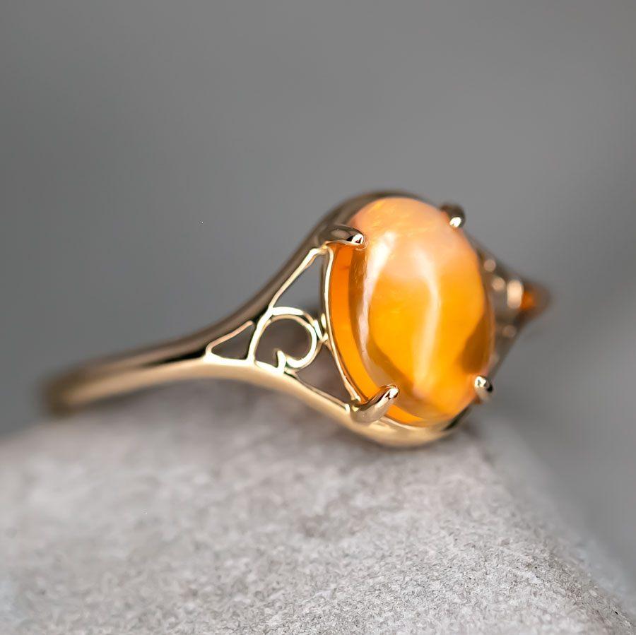 Oval Cut Vintage Inspired Egg Fire Opal Engagement Ring 14K Yellow Gold For Sale