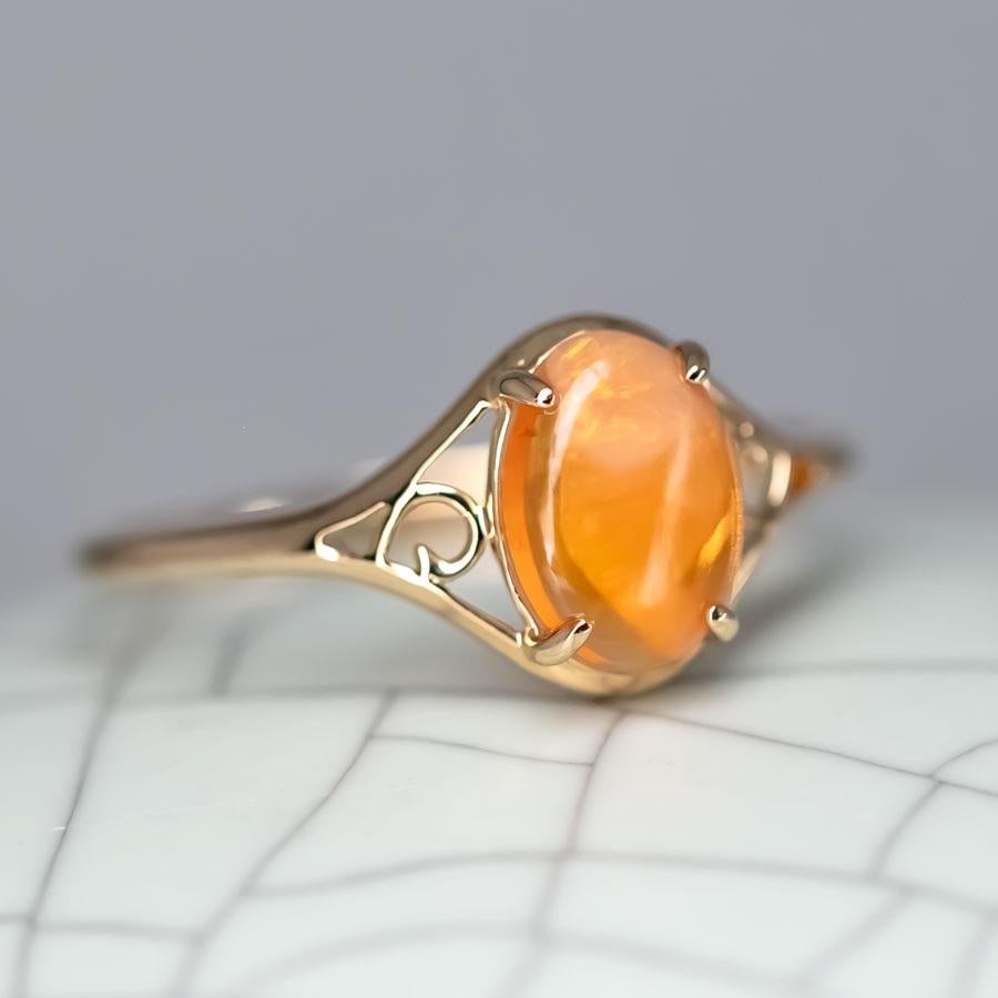 Vintage Inspired Egg Fire Opal Engagement Ring 14K Yellow Gold In New Condition For Sale In Suwanee, GA