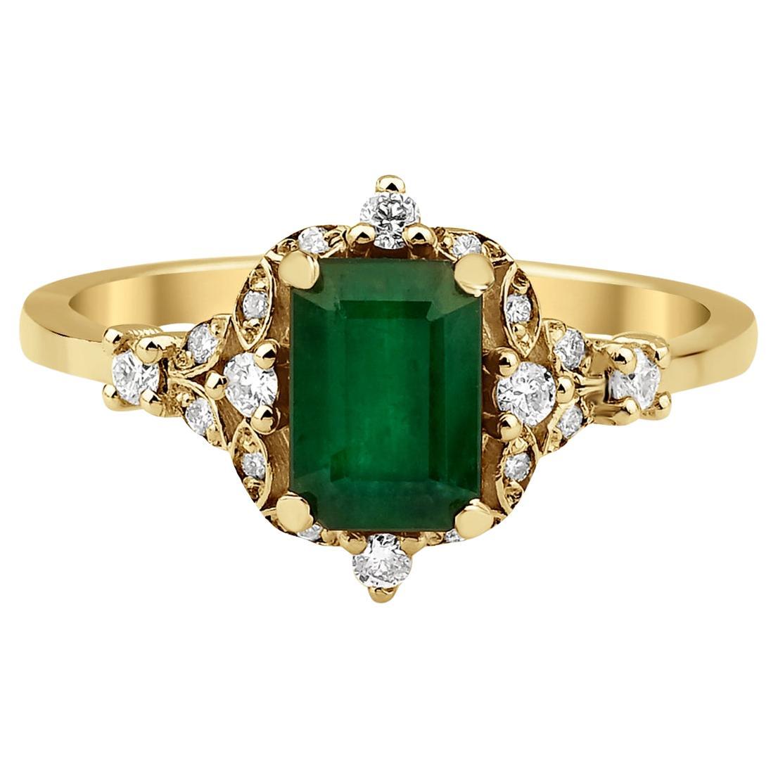 Vintage Inspired Emerald and Diamond Engagement 1.27ct Solid Gold Ring