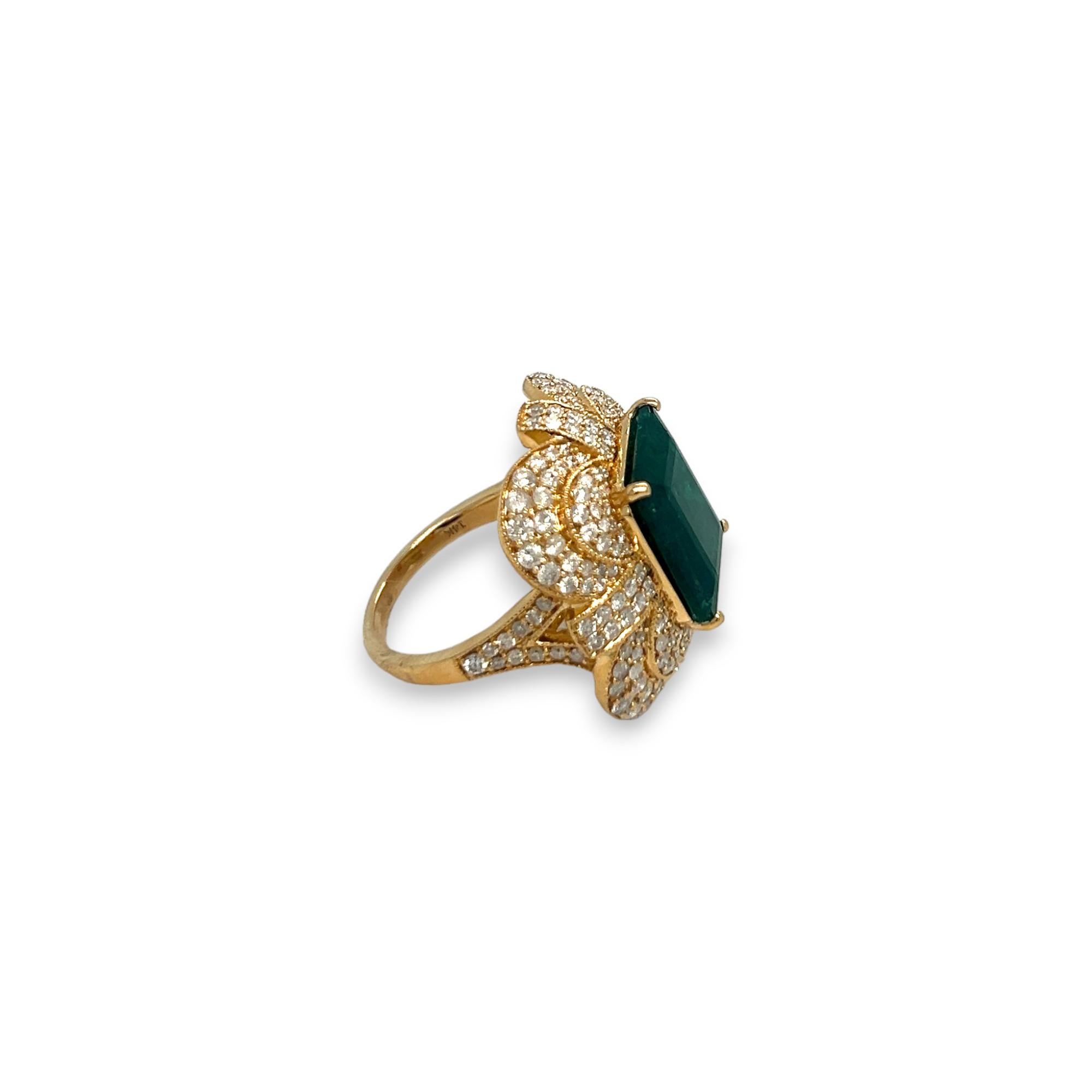 Emerald Cut Vintage-Inspired Emerald and Diamond Yellow Gold Ring For Sale