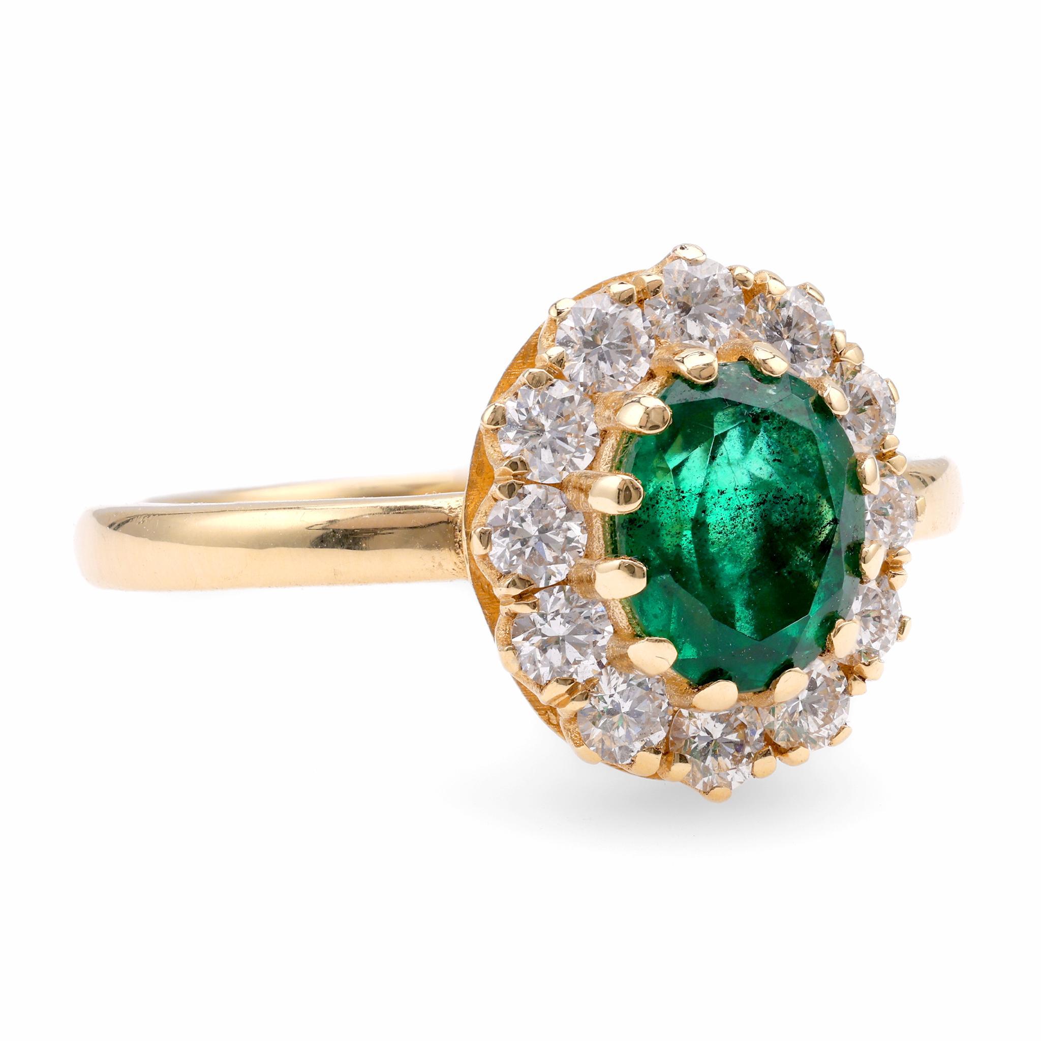 Oval Cut Vintage Inspired Emerald Diamond 18K Yellow Gold Ring Cluster Ring For Sale