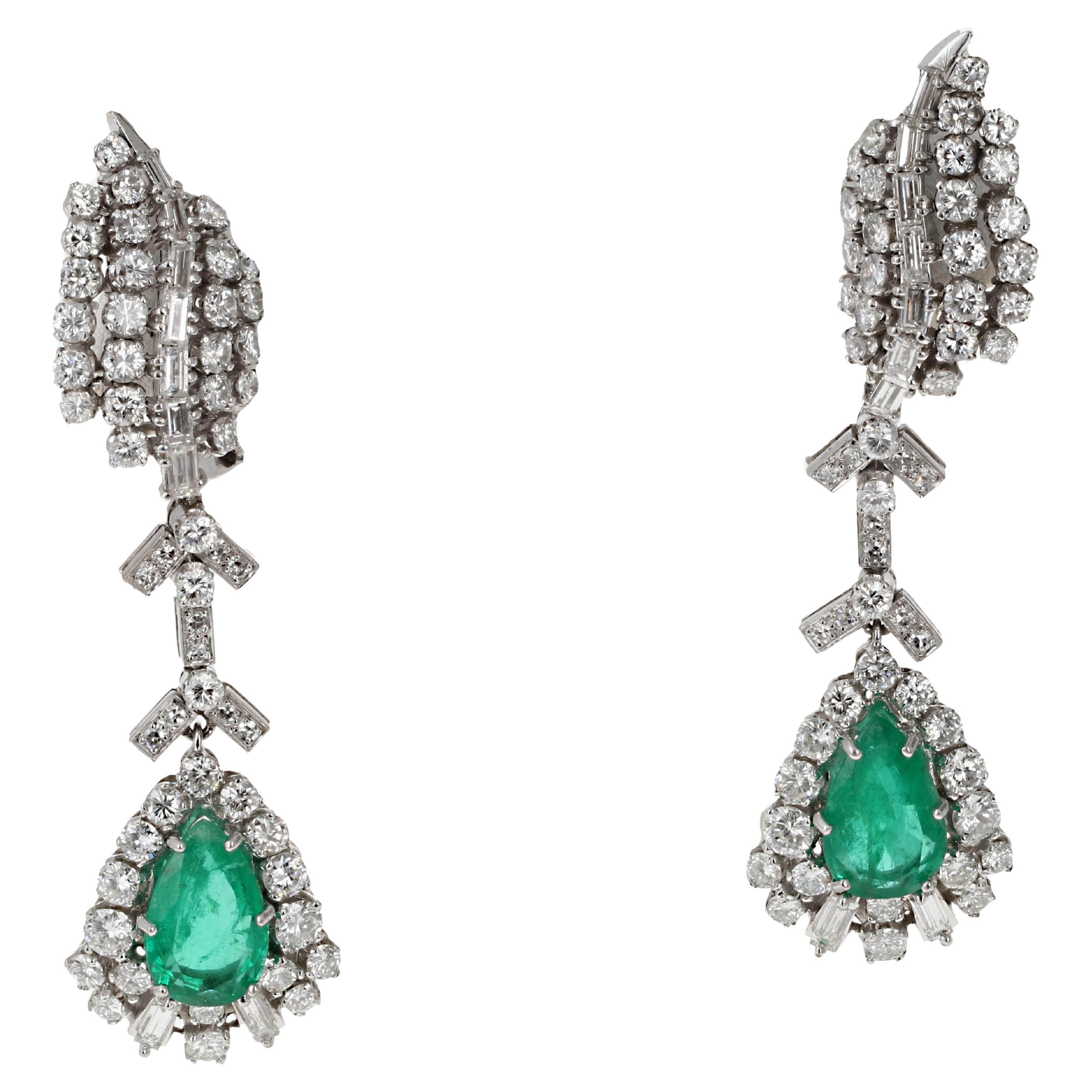 Vintage-Inspired Emerald Diamond Earrings, 18K White Gold