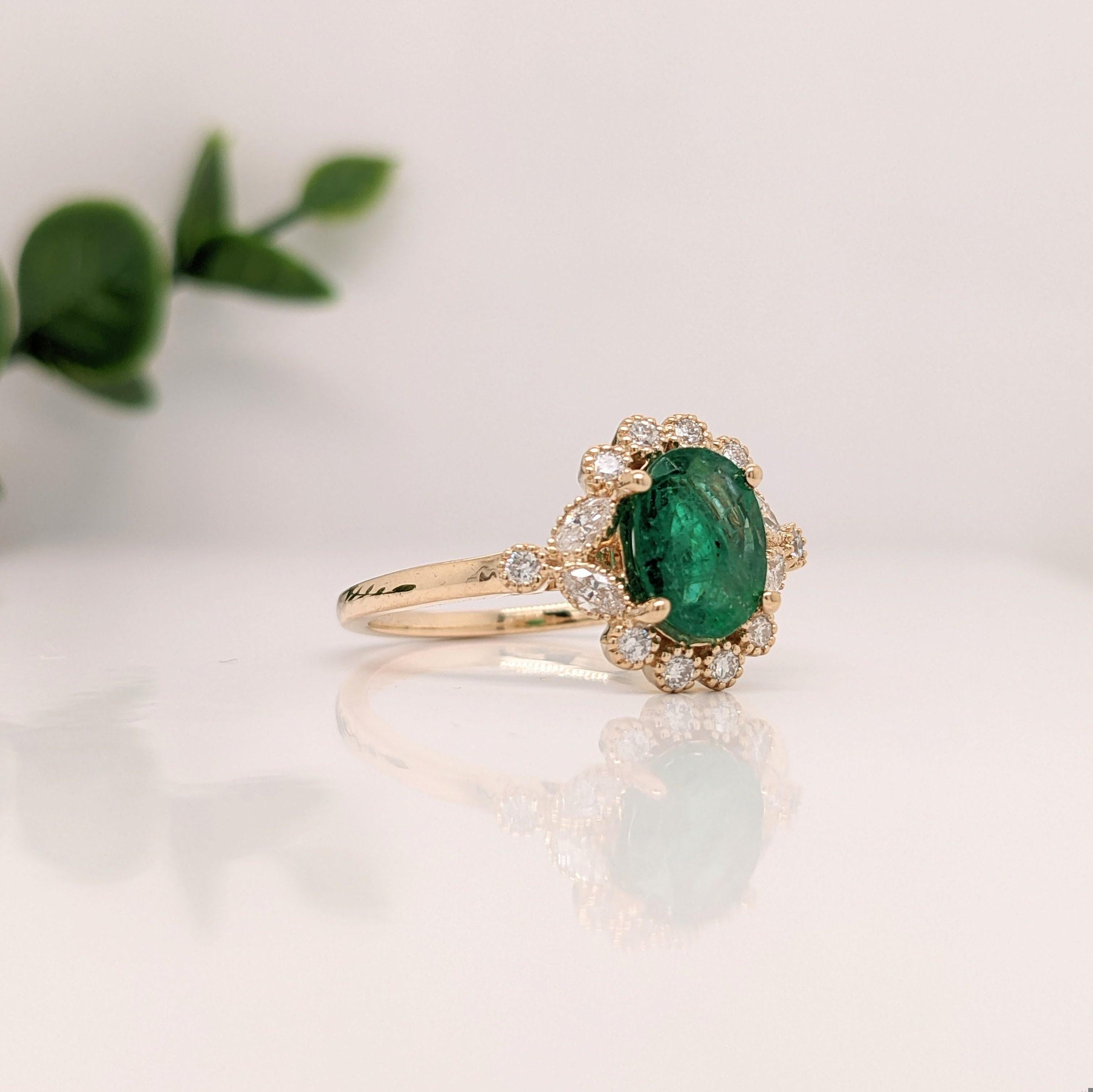Art Deco Vintage Inspired Emerald Ring w Earth Mined Diamonds in Solid 14K Gold Oval 8x6